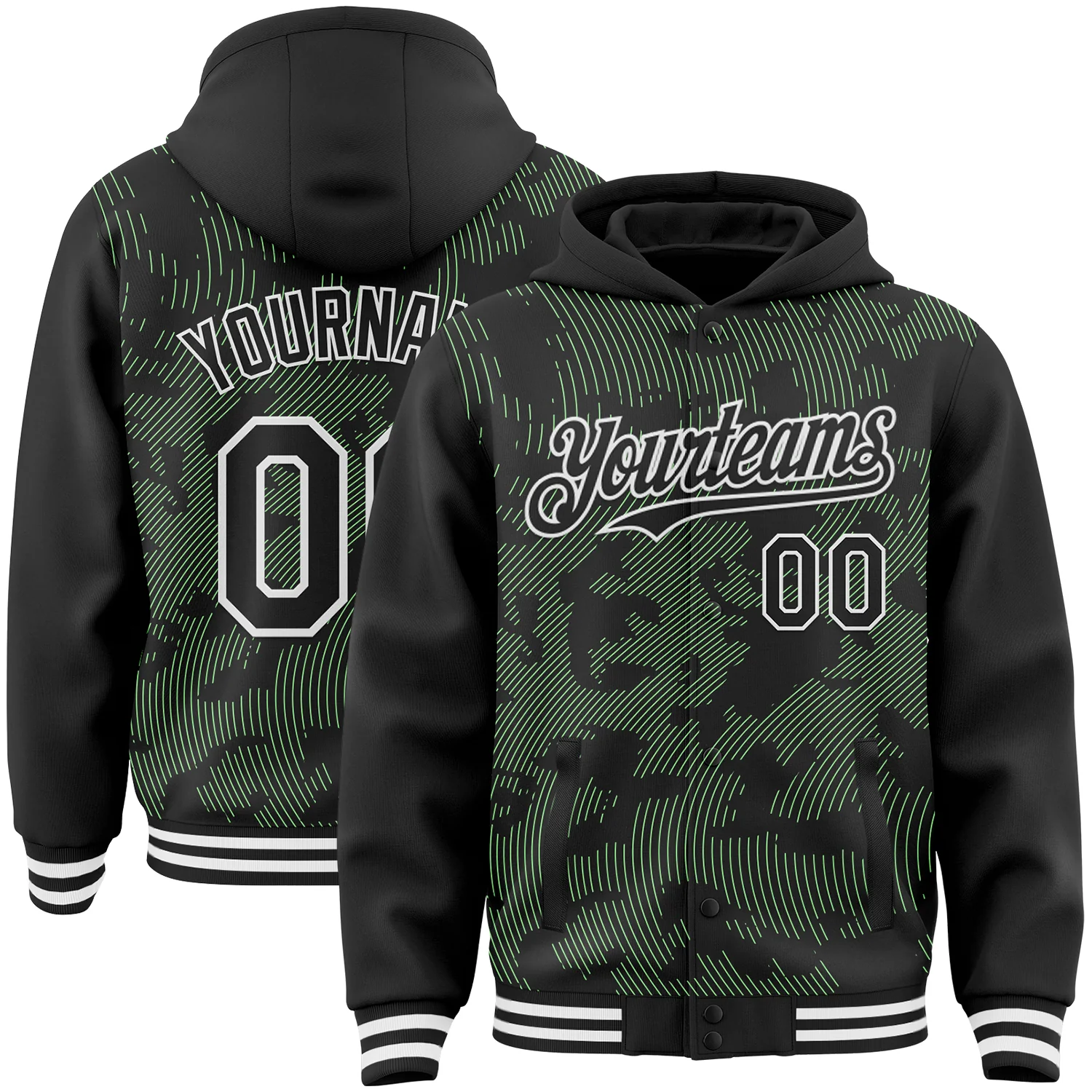 Custom Black Pea Green-White Curve Lines 3D Pattern Design Bomber Full-Snap Varsity Letterman Hoodie Jacket