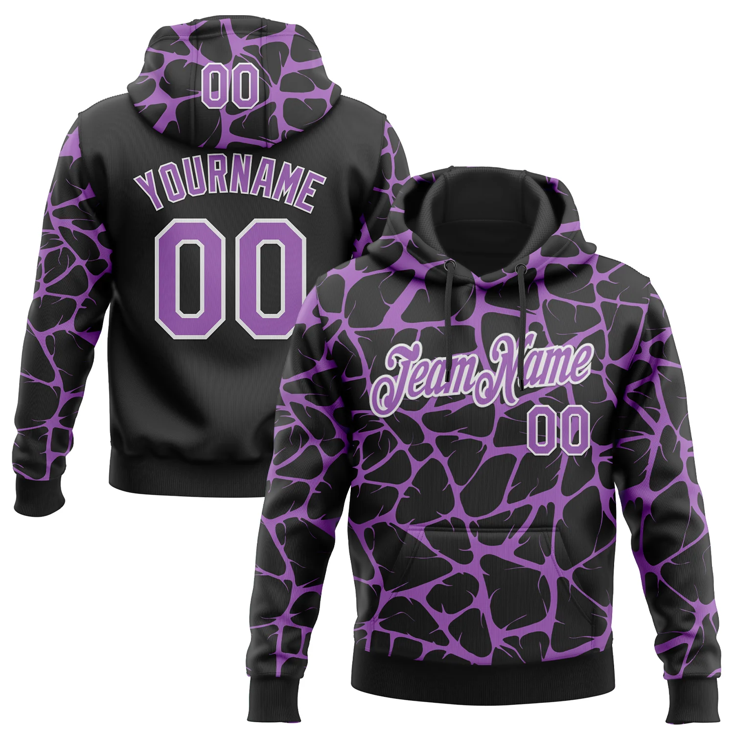 Custom Stitched Black Medium Purple-White 3D Pattern Design Abstract Network Sports Pullover Sweatshirt Hoodie