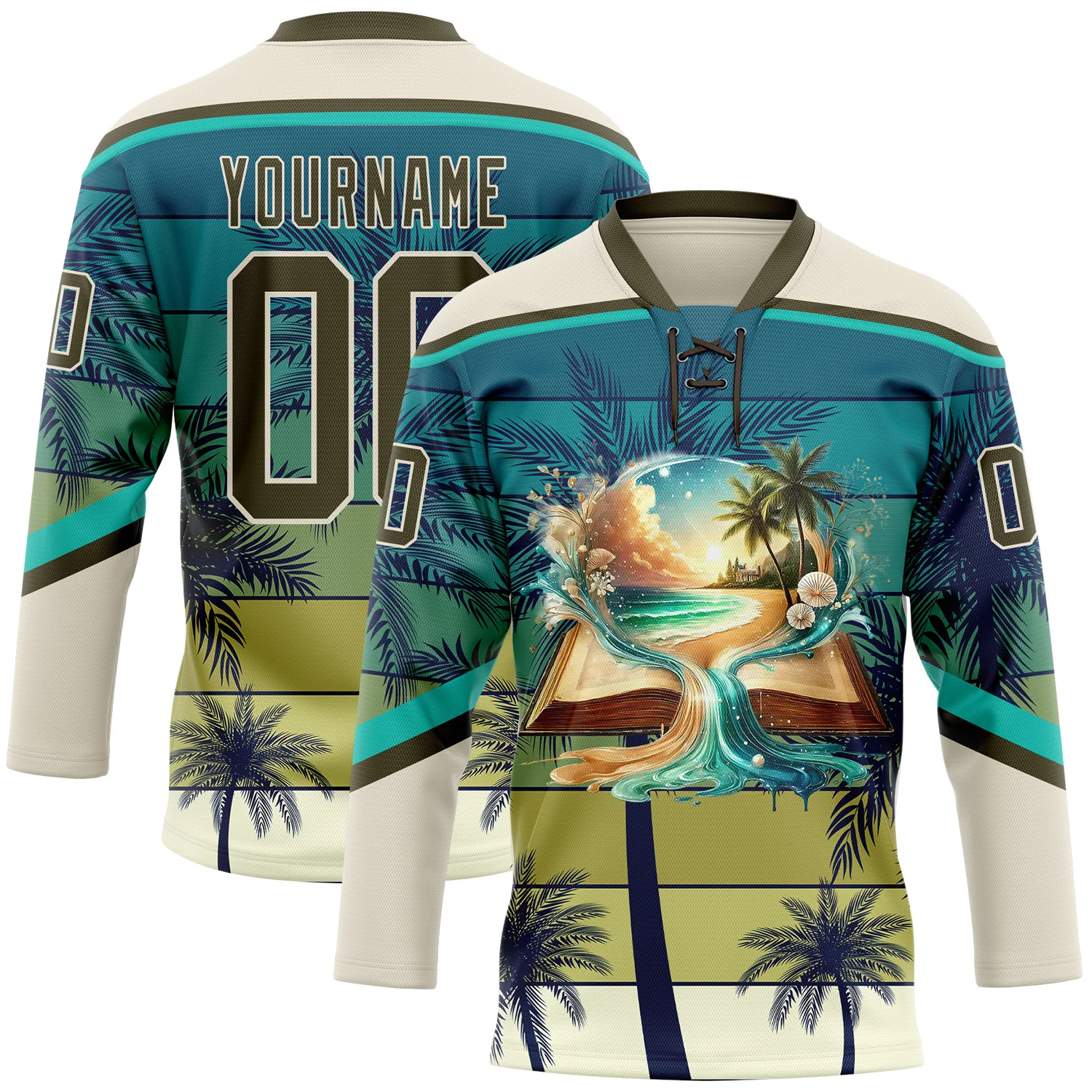 Custom Cream Olive-Blue 3D Pattern Gradient Hawaii Tropical Palm Trees Hockey Lace Neck Jersey