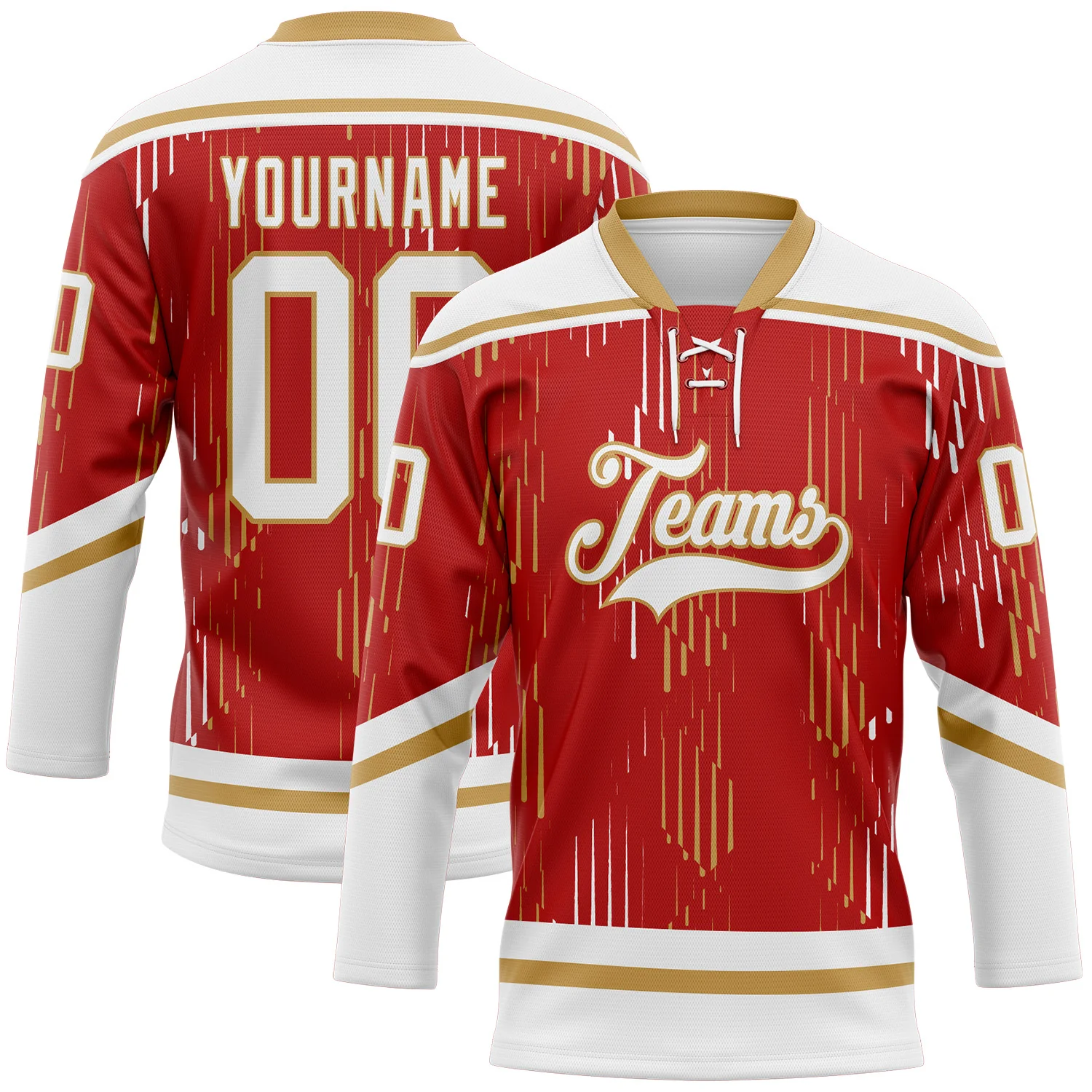 Custom Red White-Old Gold 3D Pattern Abstract Florida Inspired Line Hockey Lace Neck Jersey