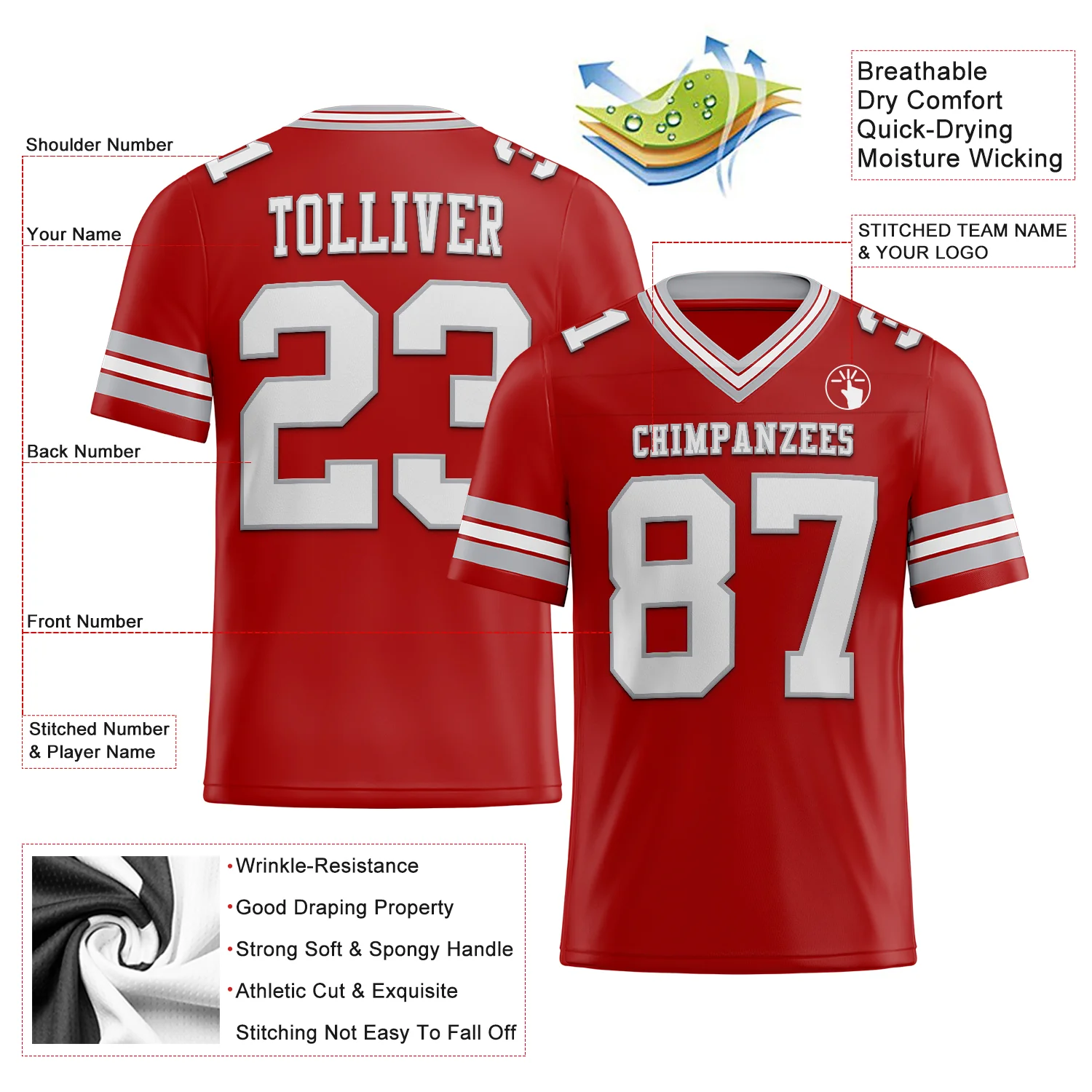Custom Red White-Gray Authentic Football Jersey