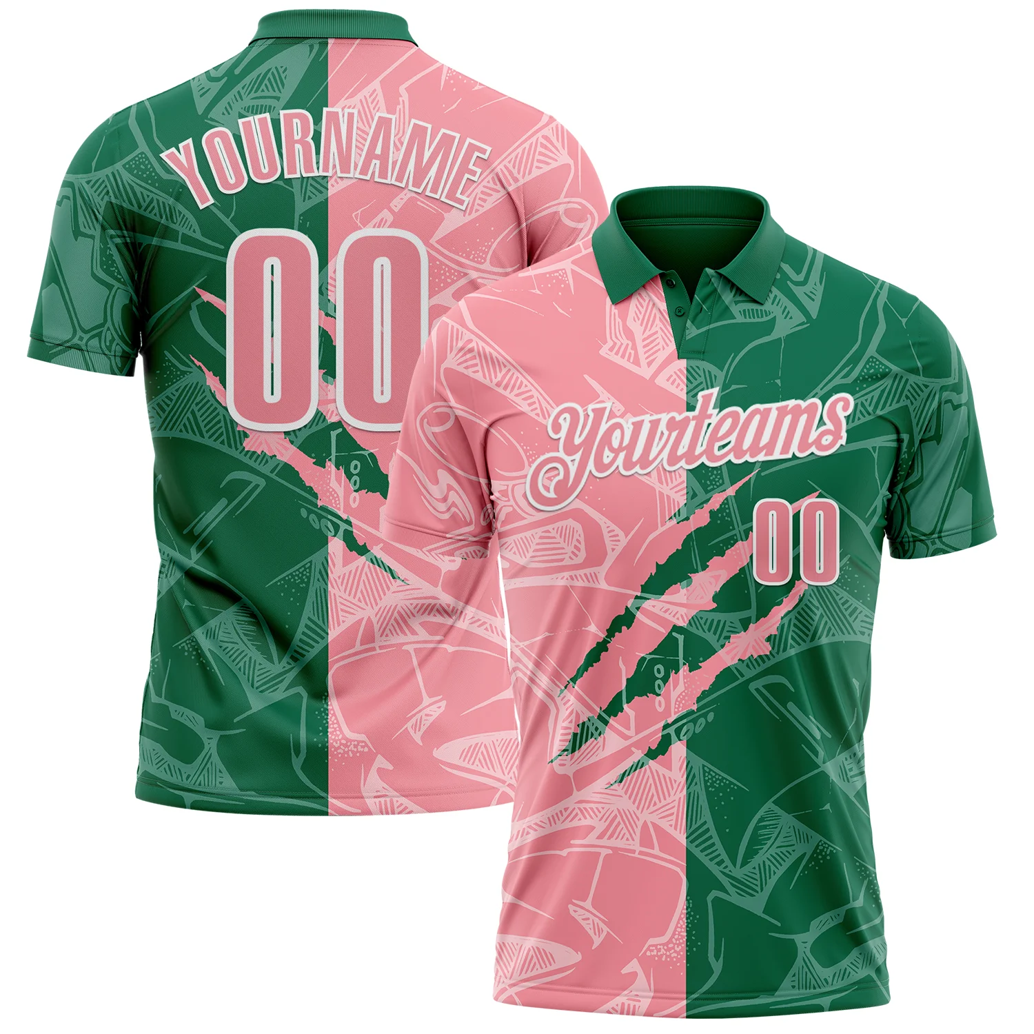 Custom Graffiti Pattern Medium Pink Kelly Green-White 3D Scratch Performance Polo Shirt