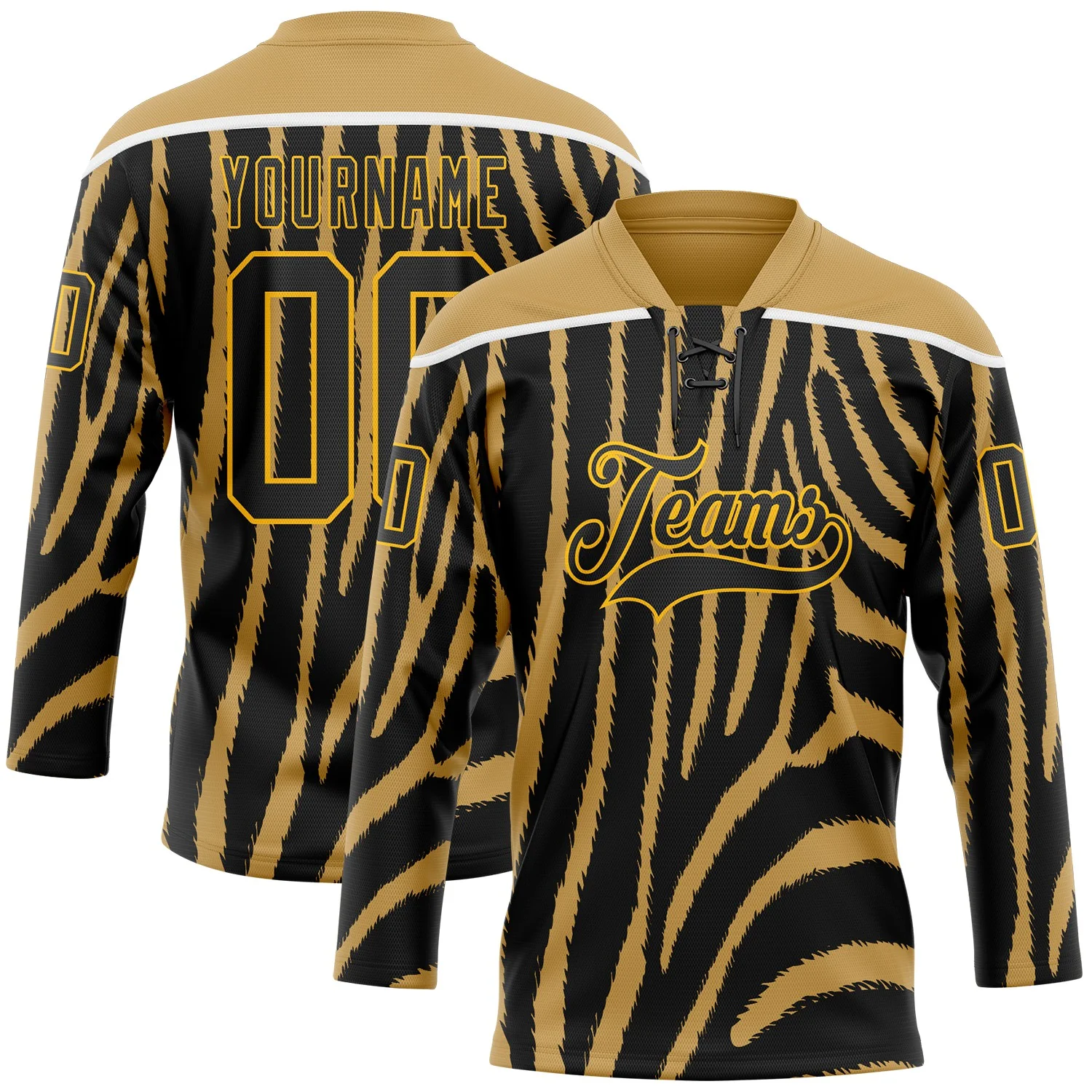 Custom Old Gold Black Gold-White 3D Pattern Zebra Print Hockey Lace Neck Jersey