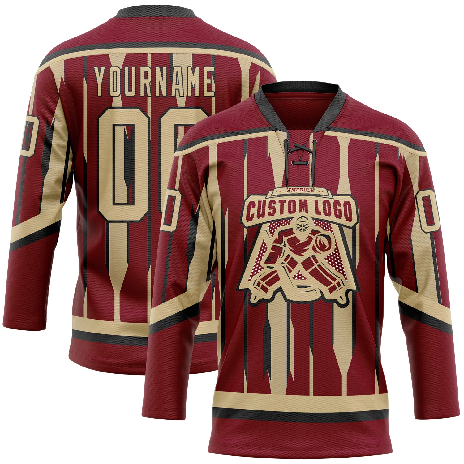 Custom Crimson Vegas Gold-Black 3D Pattern Abstract Arizona Inspired Stripe Hockey Lace Neck Jersey