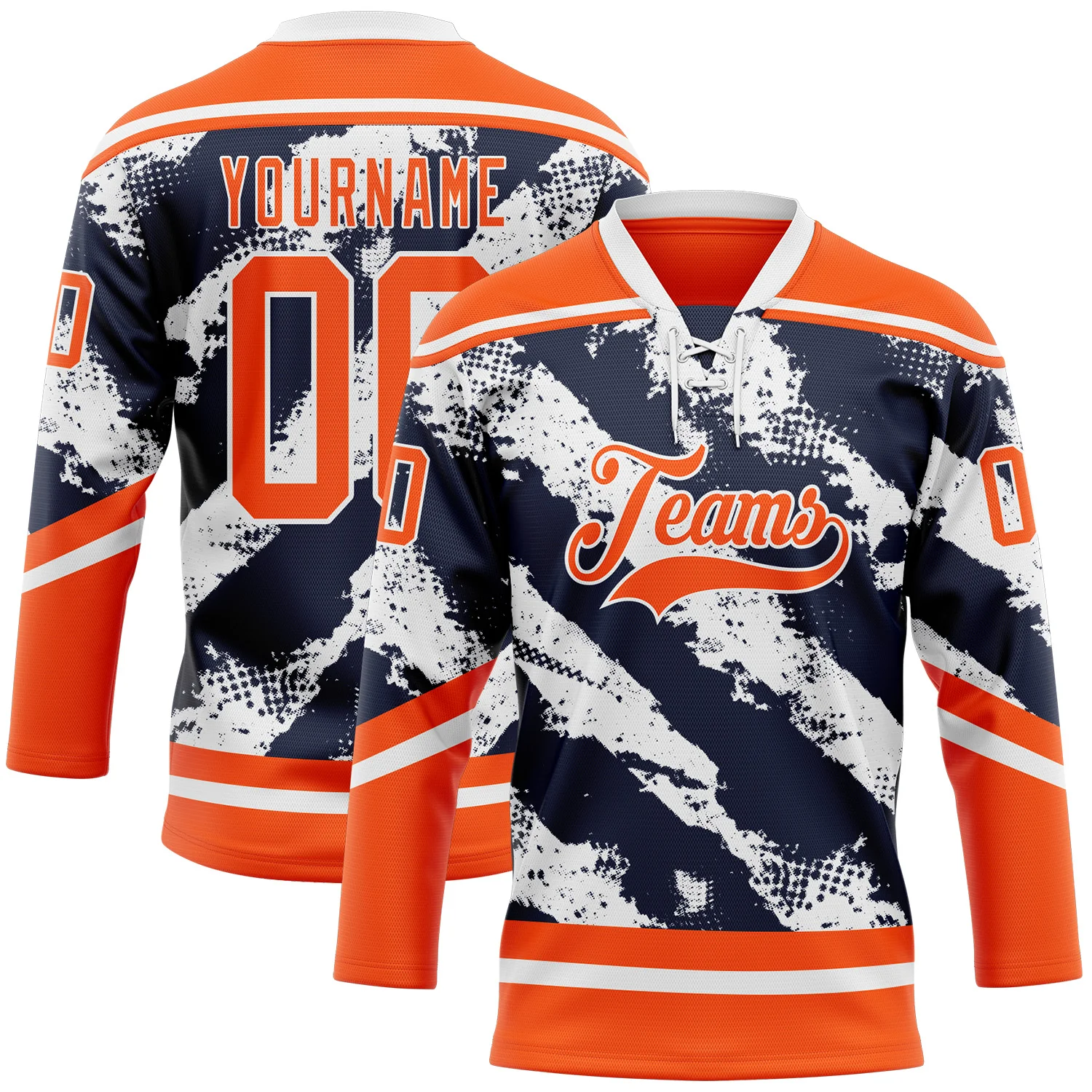 Custom Orange Navy-White 3D Pattern Abstract Edmonton Inspired Splash Hockey Lace Neck Jersey