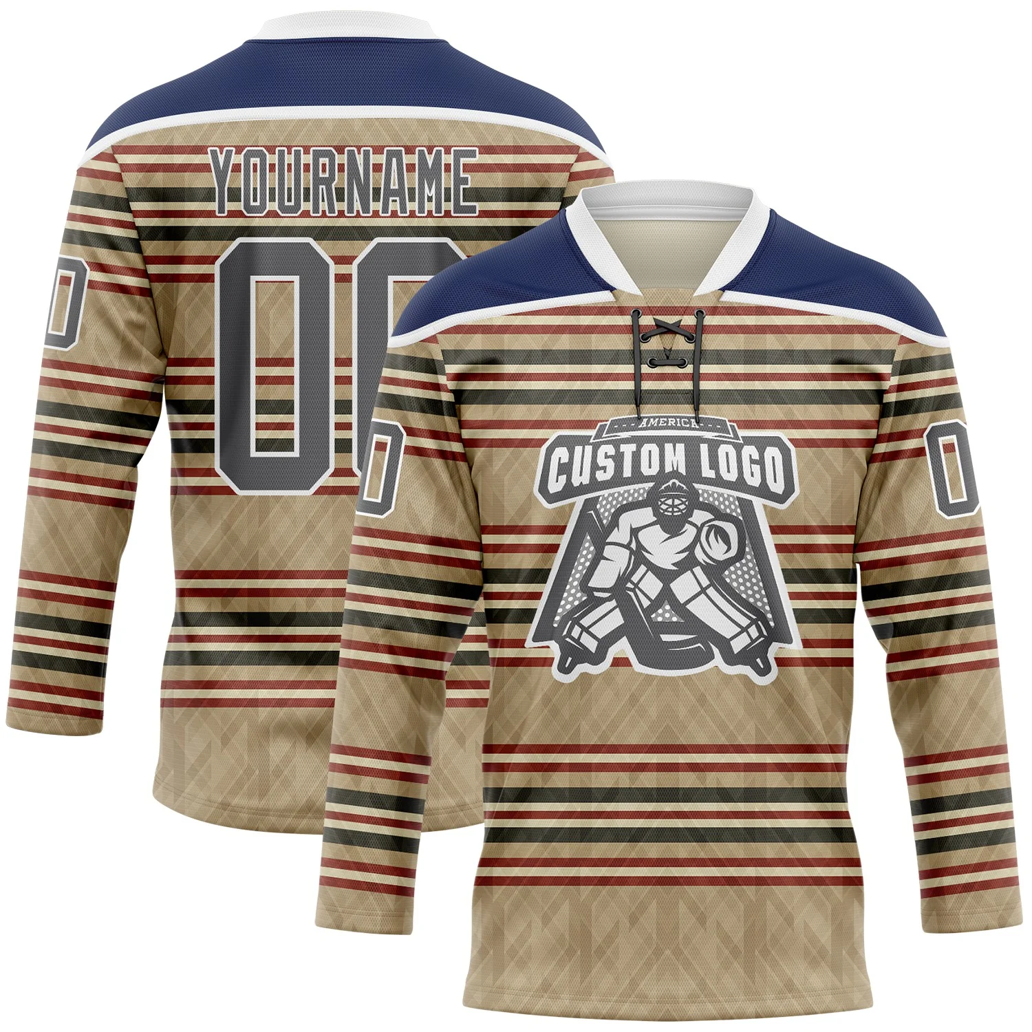 Custom Old Gold Steel Gray Red Cream-White 3D Pattern Design Stripe Hockey Lace Neck Jersey