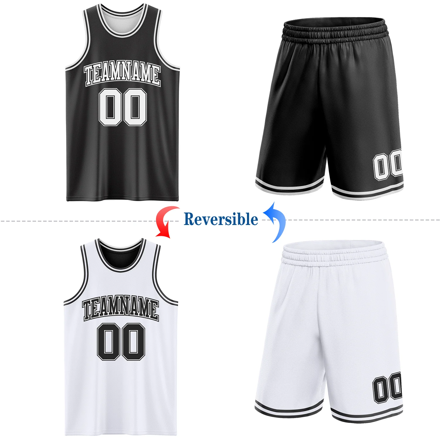 Custom Reversible Black White Double Side Sublimation Basketball Suit Jersey