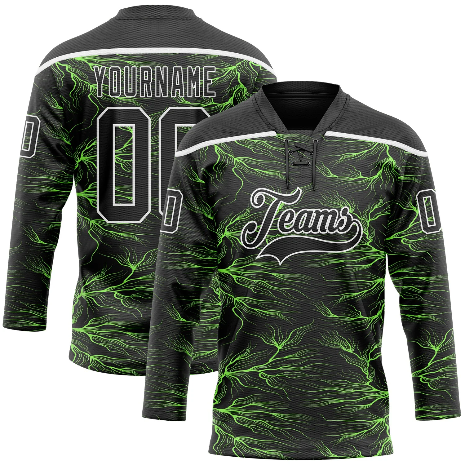 Custom Black Green-White 3D Pattern Lightning Hockey Lace Neck Jersey