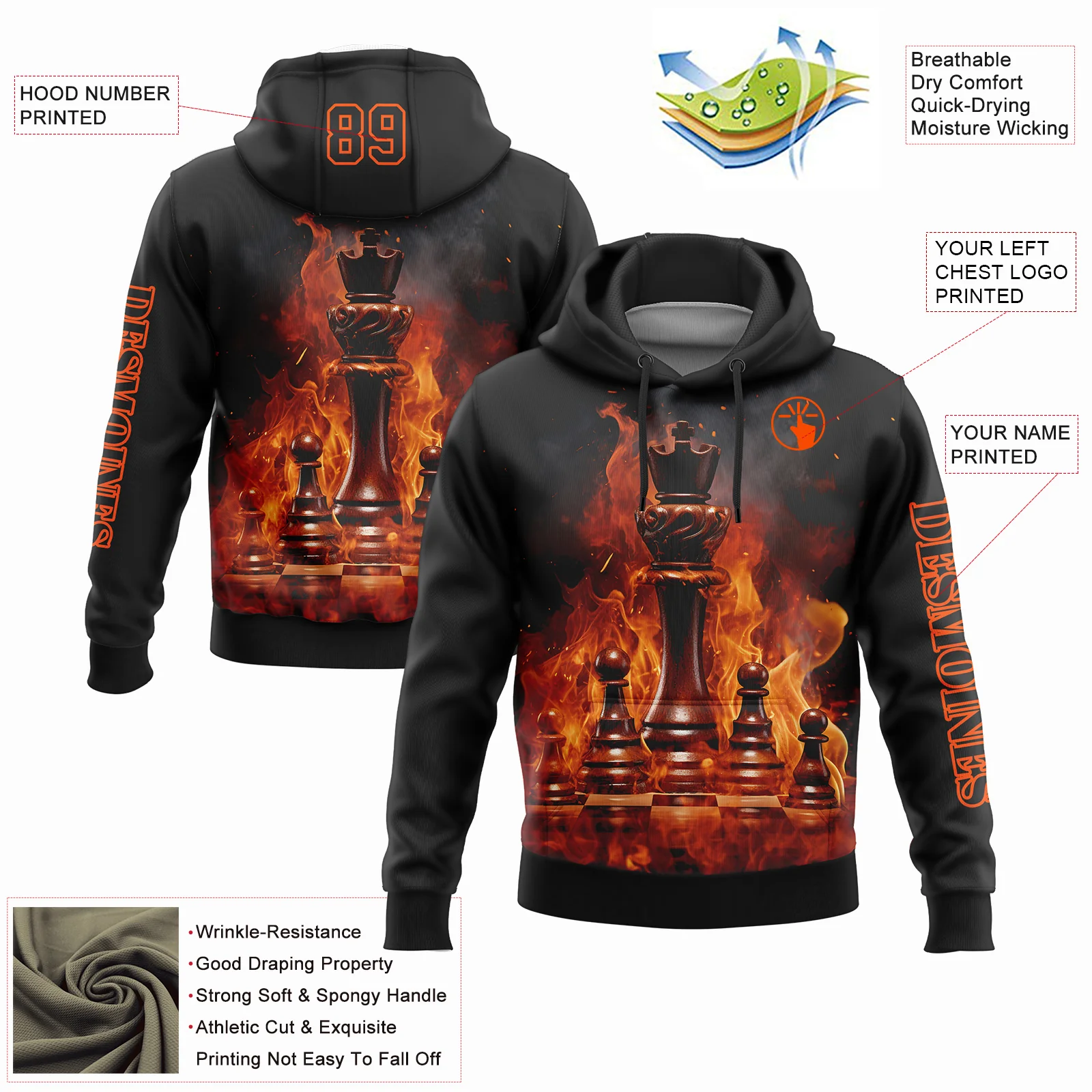 Custom Black Orange 3D Flame Chess International Chess Day Sports Pullover Sweatshirt Hoodie