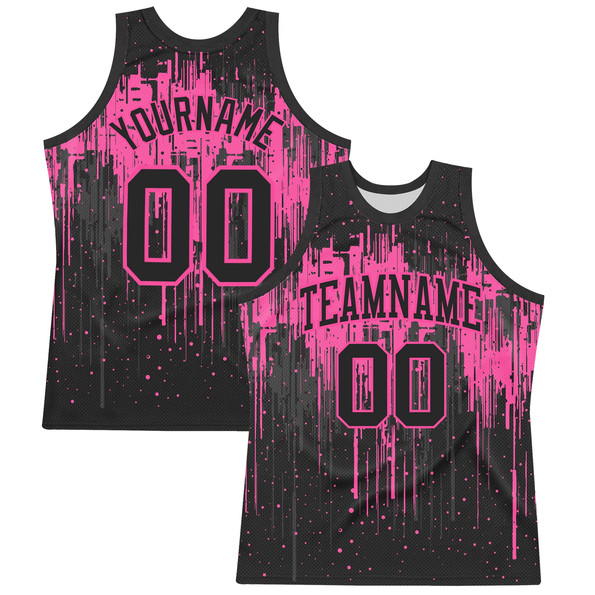 Custom Black Pink Dripping Splatter Art Round Neck Sublimation Basketball Suit Jersey