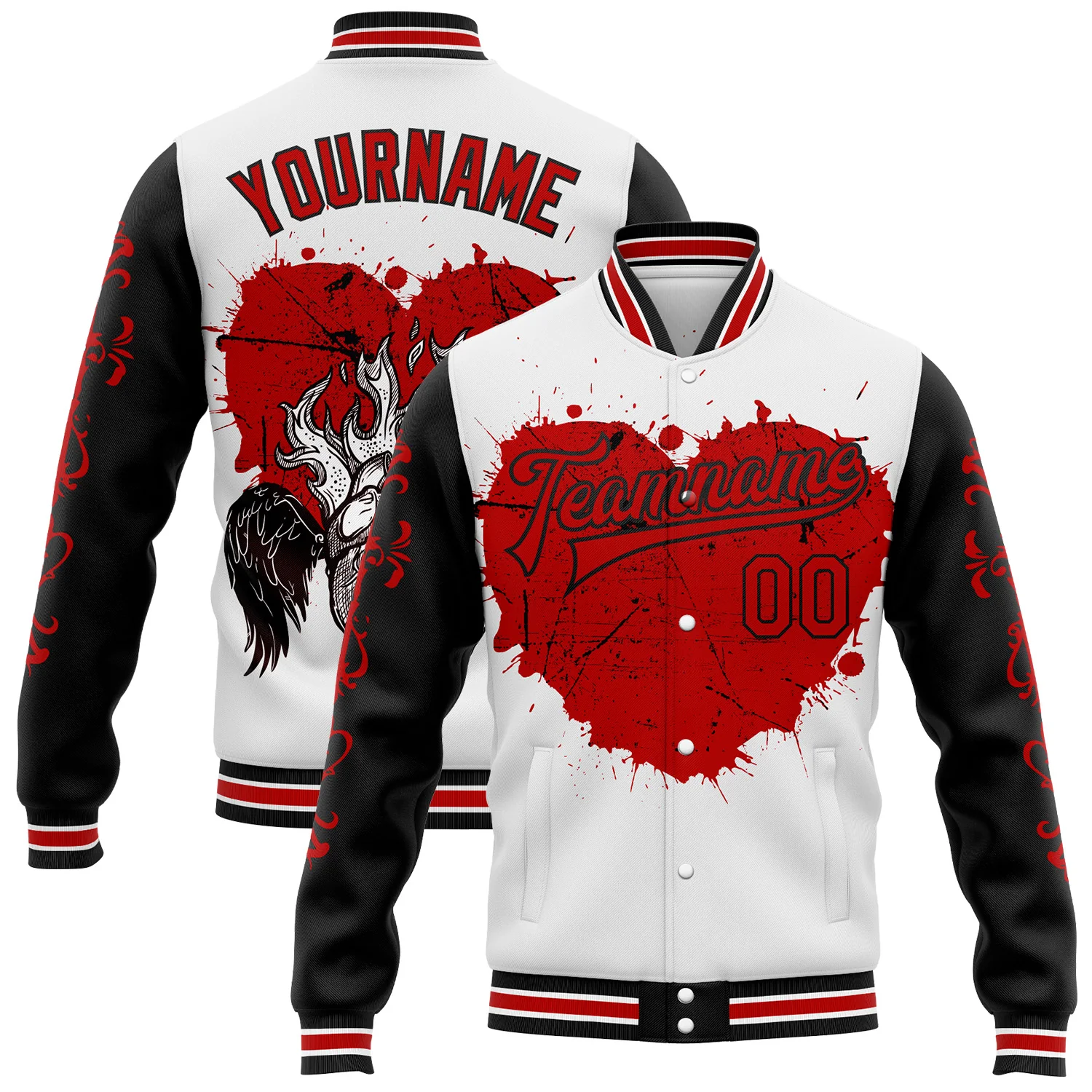 Custom White Red-Black Gothic Grunge Splash Heart 3D Pattern Design Bomber Full-Snap Varsity Letterman Jacket