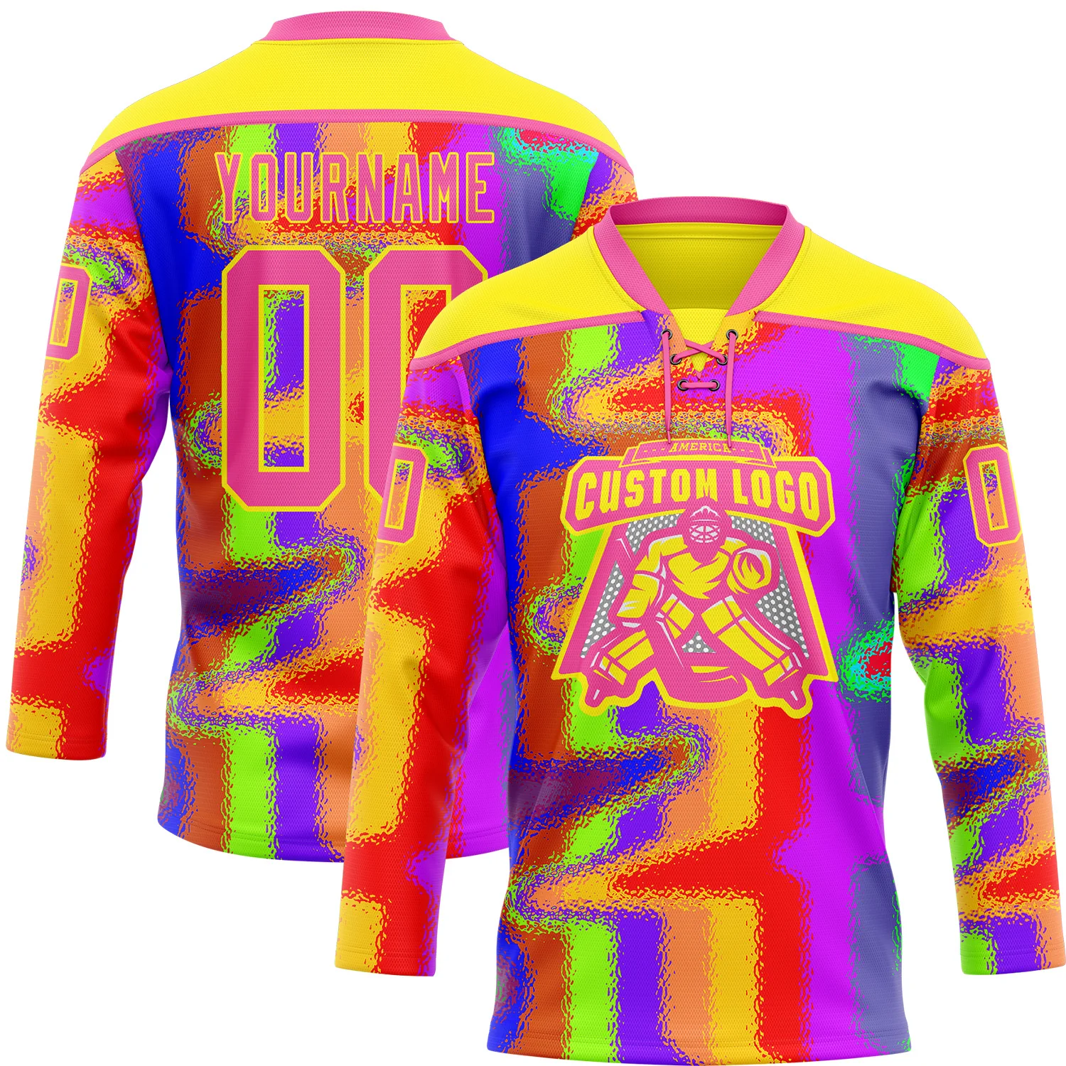 Custom Light Yellow Pink Purple Red-Green 3D Pattern Trippy Psychedelic Neon Splash Hockey Lace Neck Jersey