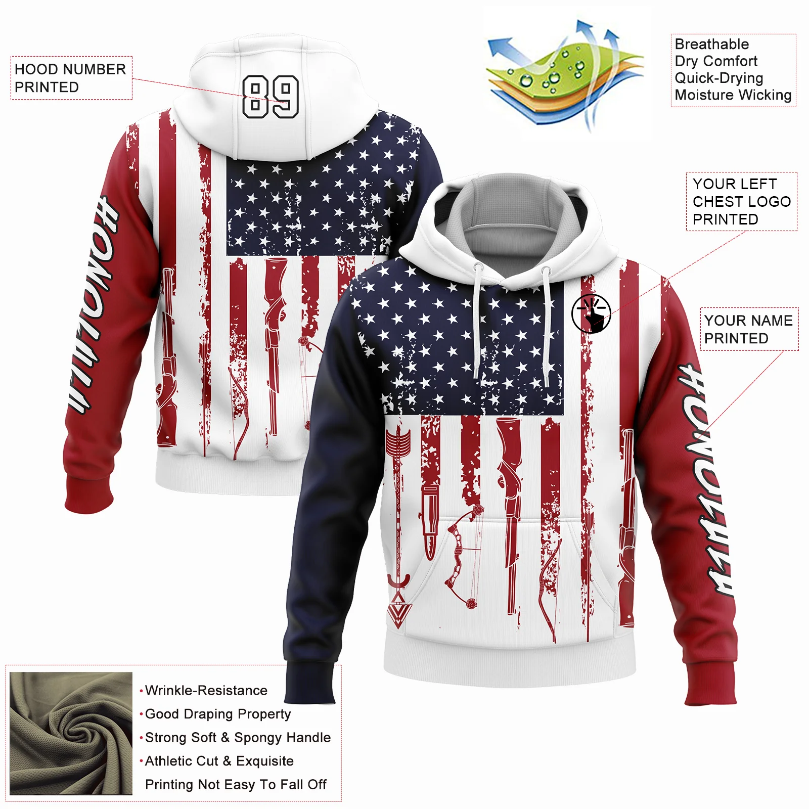 Custom Navy Red-Black 3D American Flag And Hunting Tools Sports Pullover Sweatshirt Hoodie