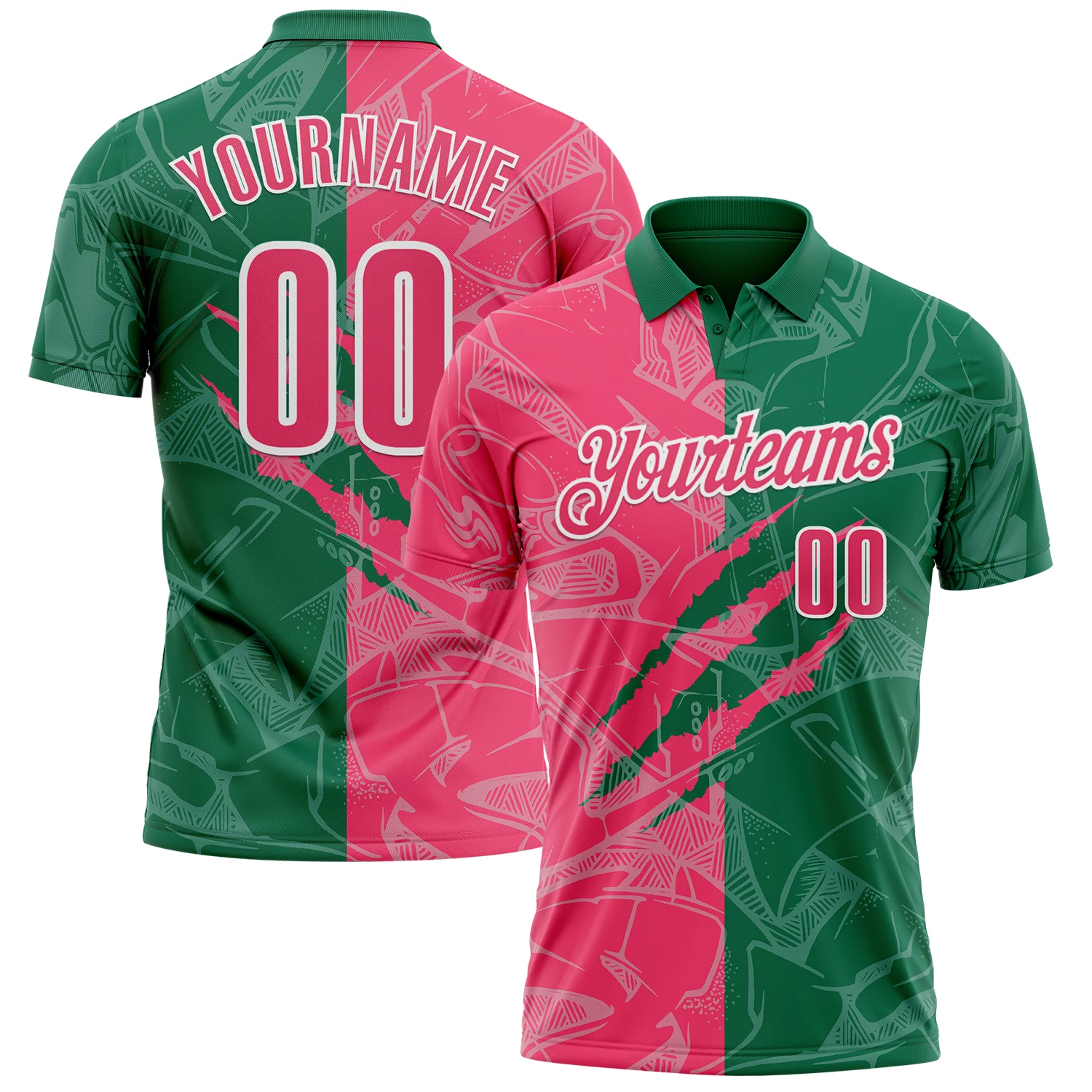 Custom Graffiti Pattern Neon Pink Kelly Green-White 3D Scratch Performance Polo Shirt