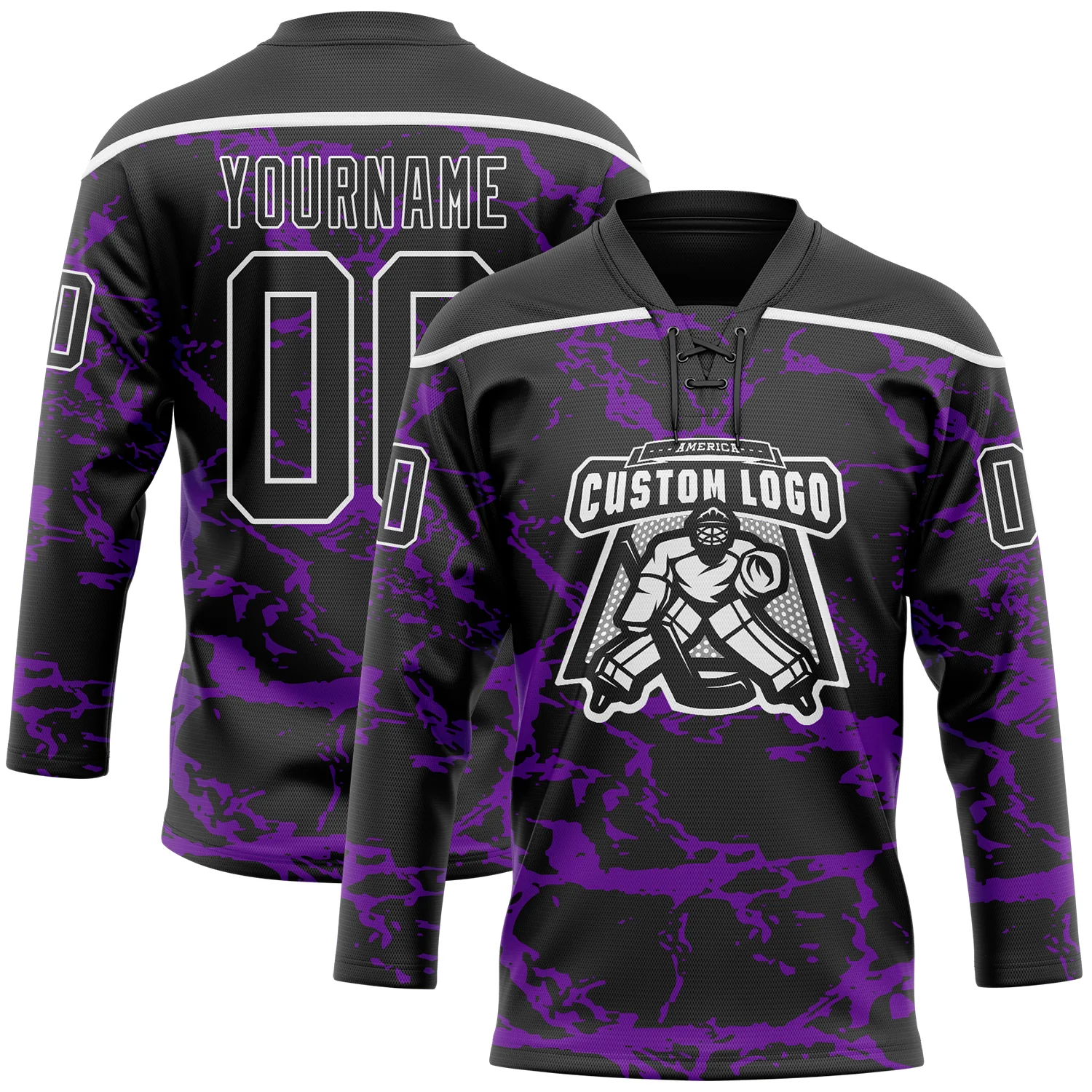 Custom Black Purple-White 3D Pattern Lightning Hockey Lace Neck Jersey