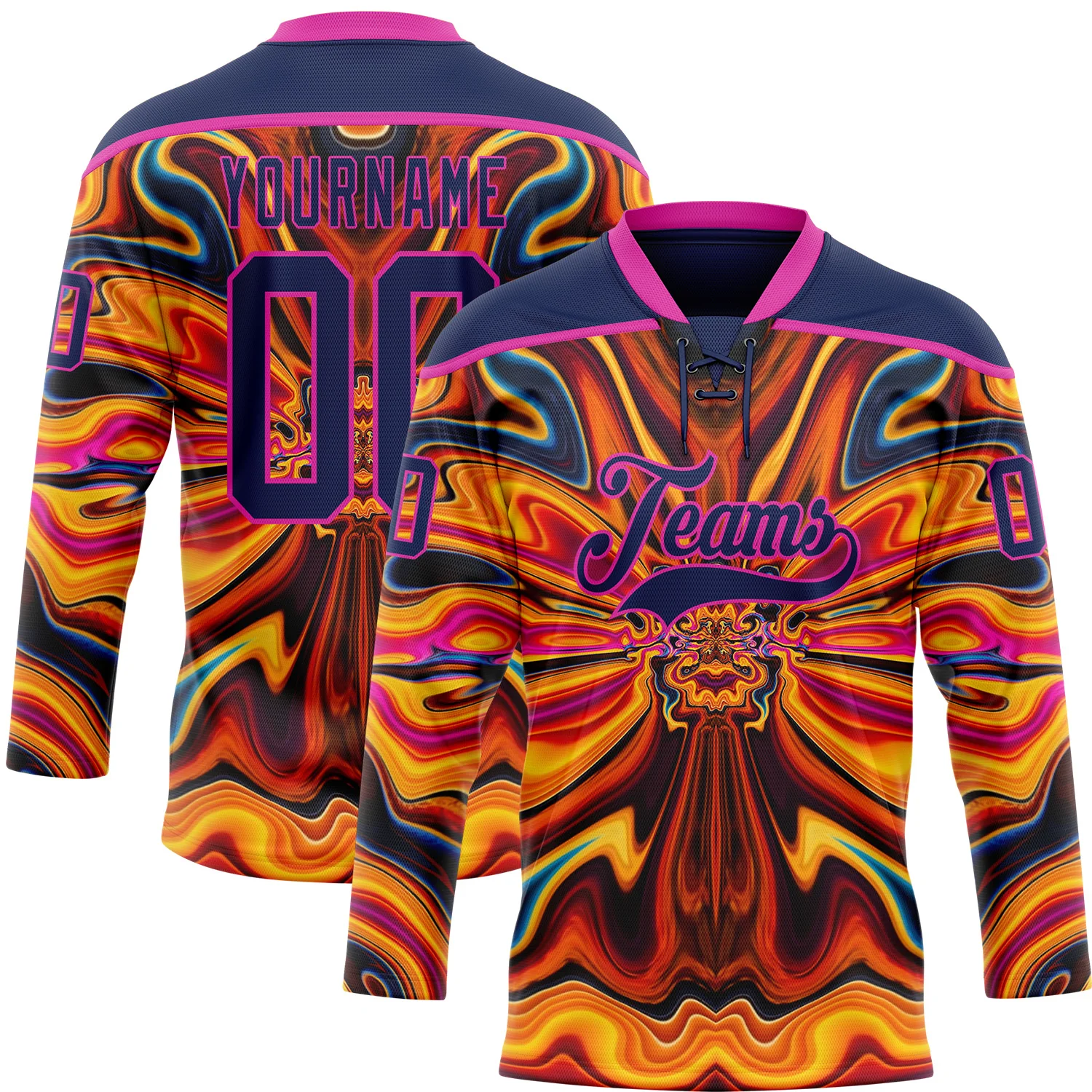 Custom Navy Yellow-Deep Pink 3D Pattern Trippy Psychedelic Fluid Hockey Lace Neck Jersey