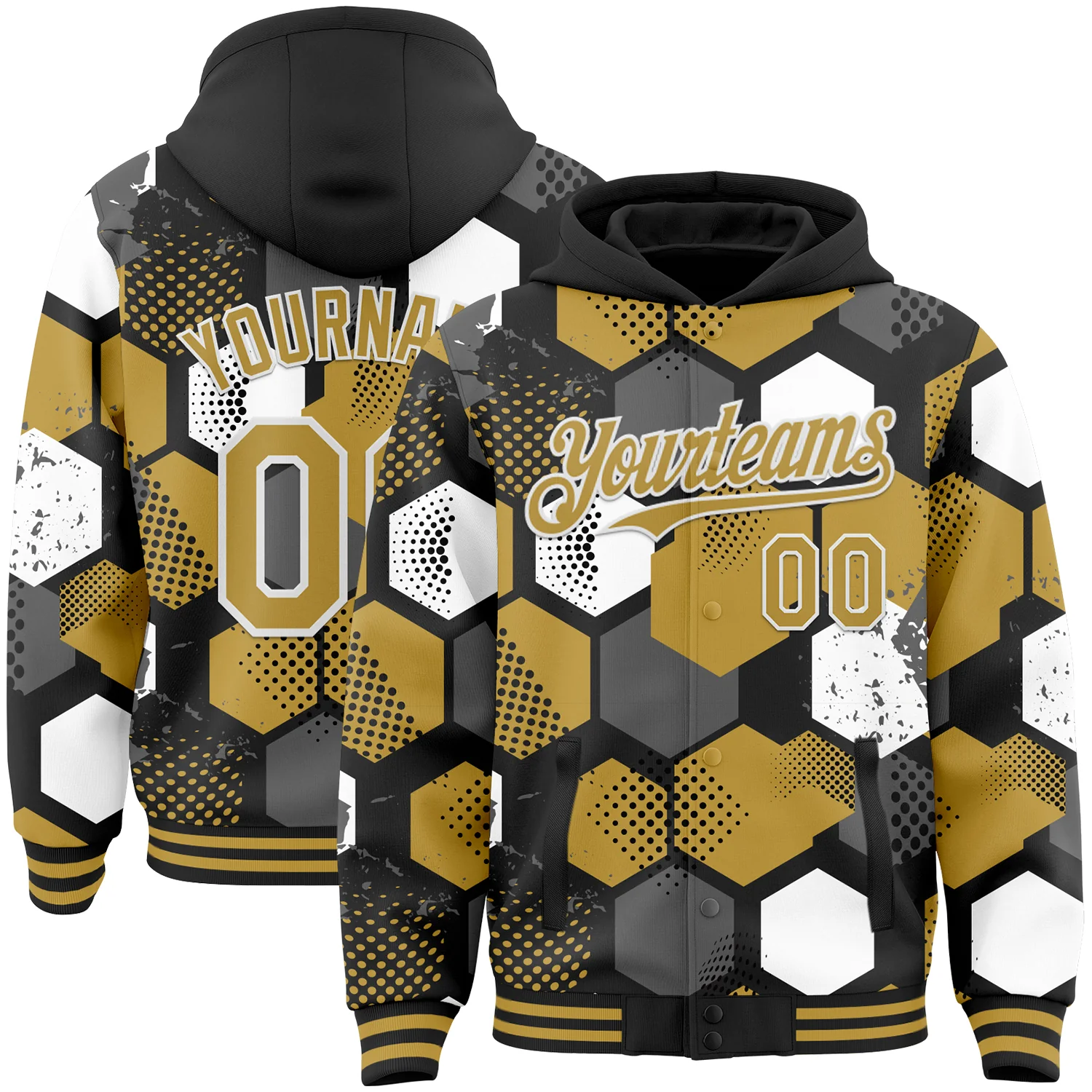 Custom Black Old Gold-White Geometric Shape 3D Pattern Design Bomber Full-Snap Varsity Letterman Hoodie Jacket