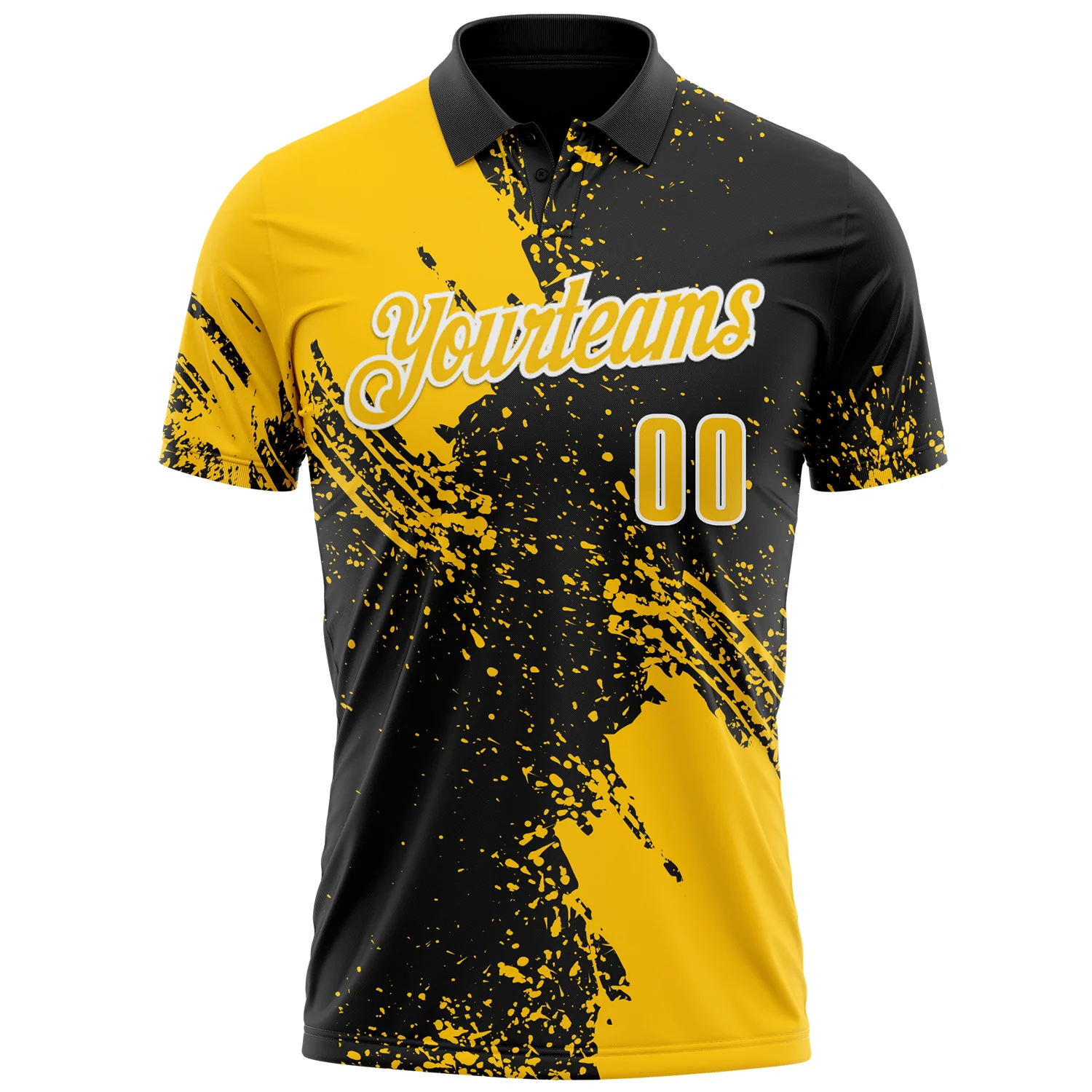 Custom Yellow Black-White 3D Pattern Design Abstract Brush Stroke Performance Polo Shirt