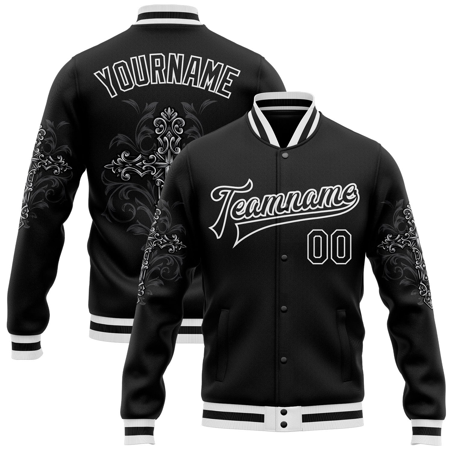 Custom Black White Gothic Crosses 3D Pattern Design Bomber Full-Snap Varsity Letterman Jacket