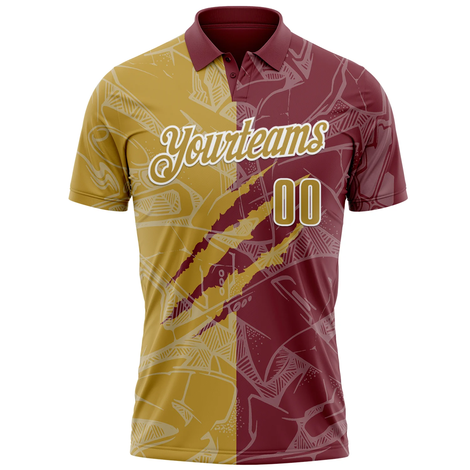 Custom Graffiti Pattern Old Gold Burgundy-White 3D Scratch Performance Polo Shirt