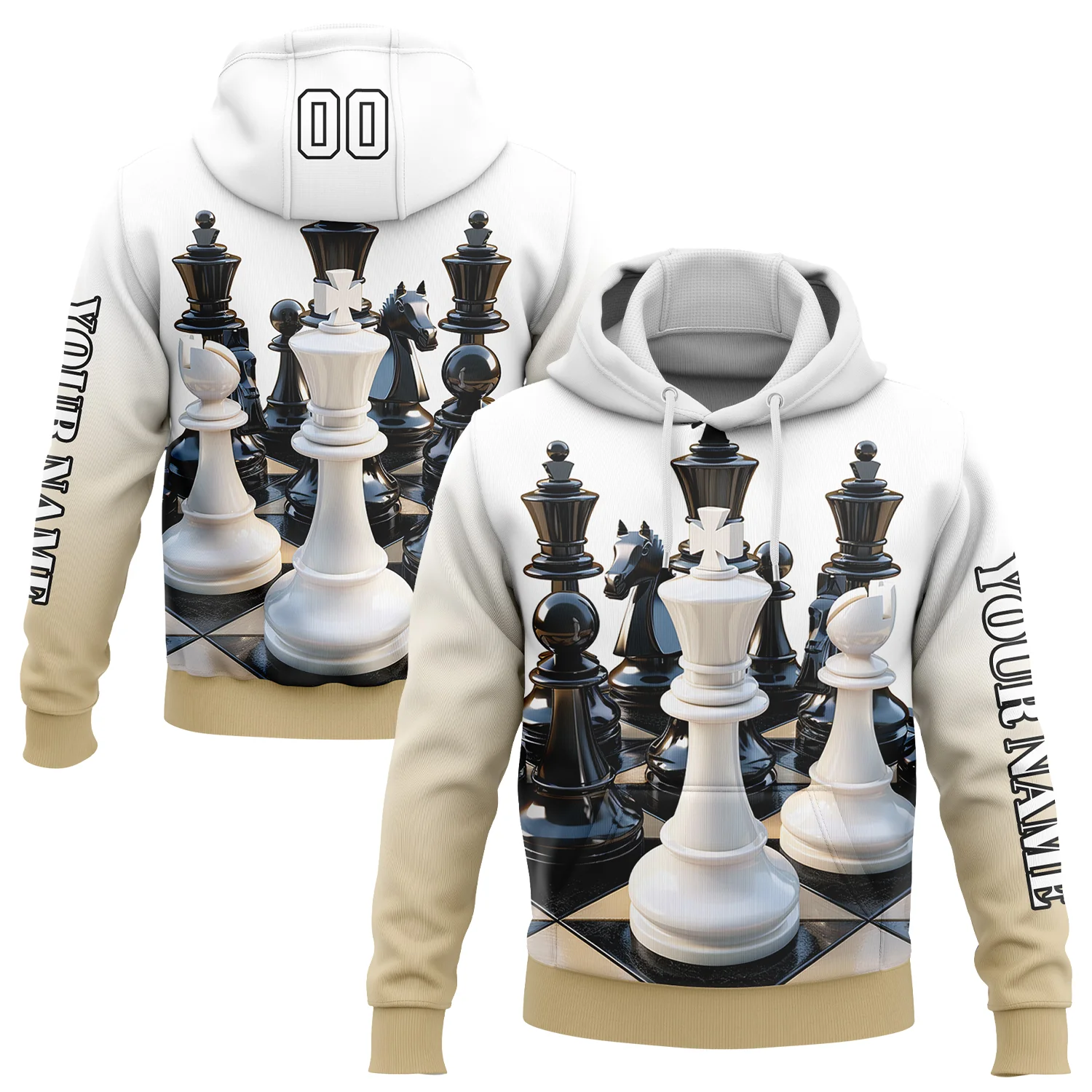 Custom White Vegas Gold-Black 3D Chess International Chess Day Sports Pullover Sweatshirt Hoodie