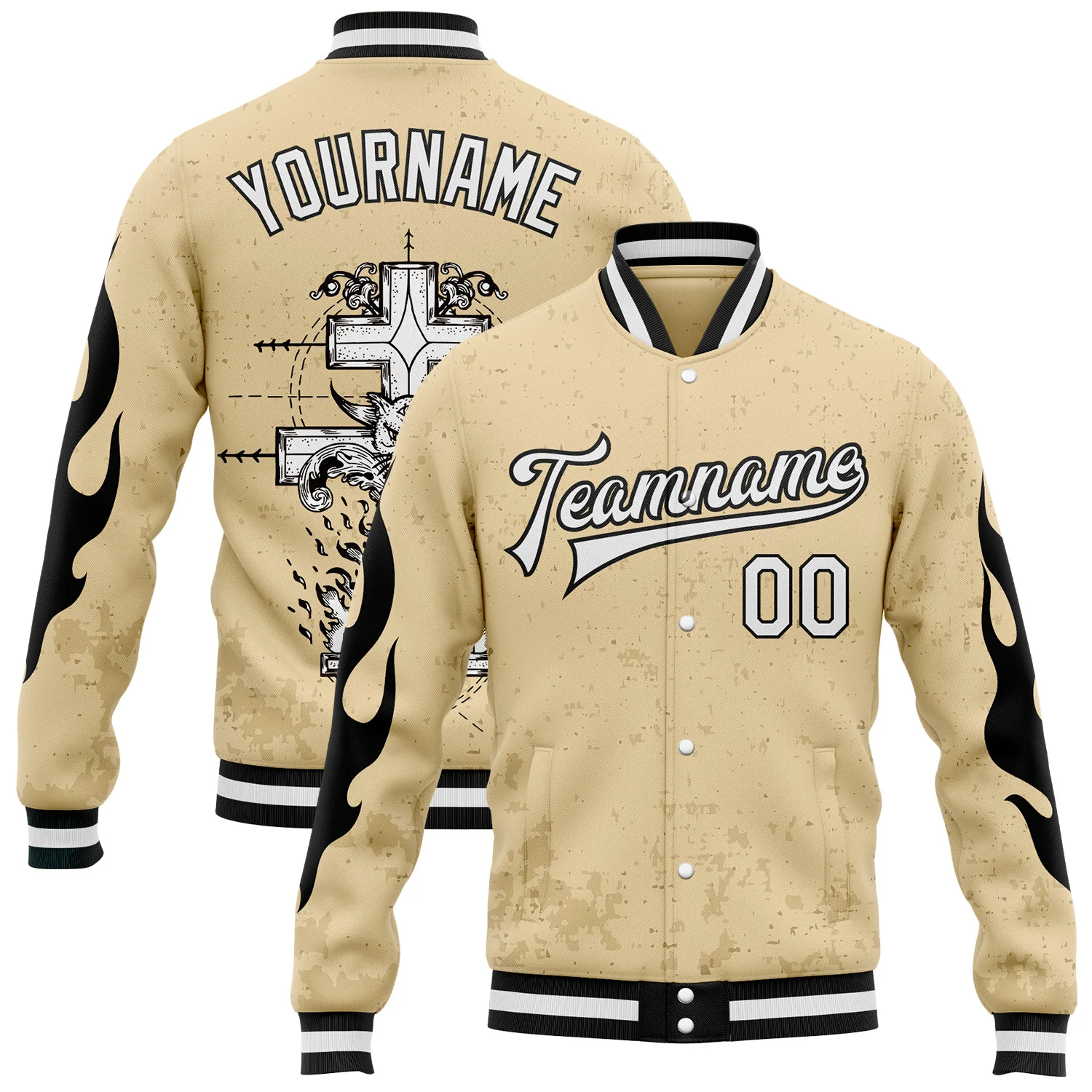 Custom City Cream White-Black Gothic Flame Cross Grunge 3D Pattern Design Bomber Full-Snap Varsity Letterman Jacket