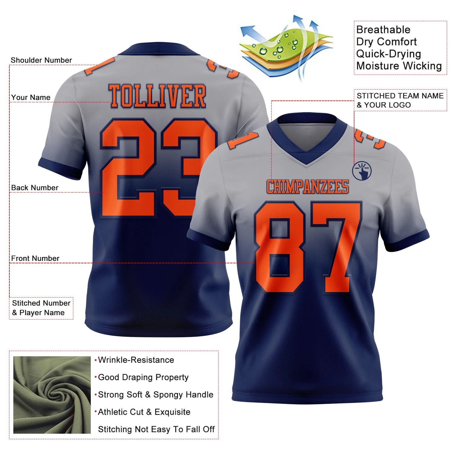 Custom Gray Orange-Navy Authentic Fade Fashion Football Jersey