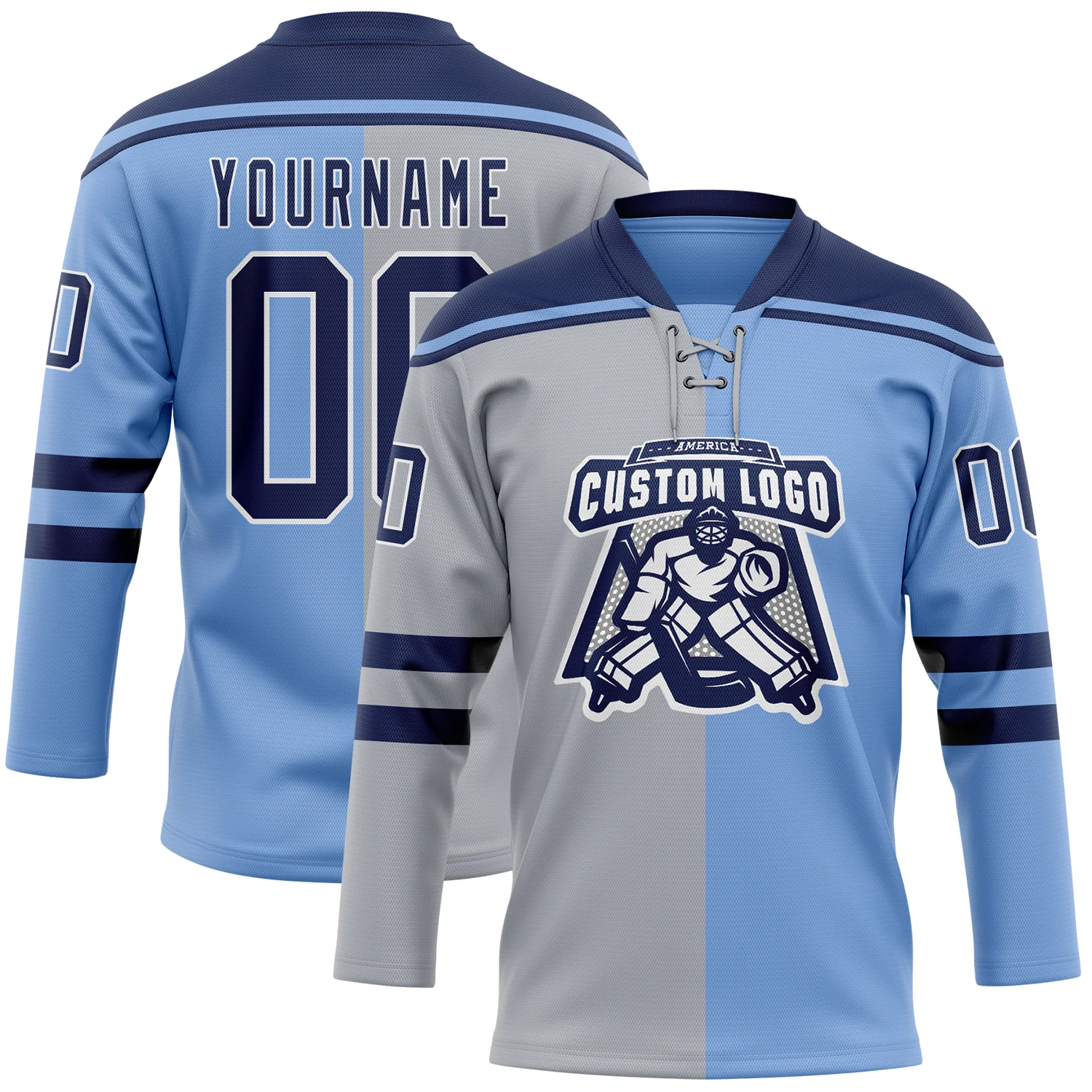 Custom Powder Blue Navy Gray-White Split Fashion Hockey Lace Neck Jersey