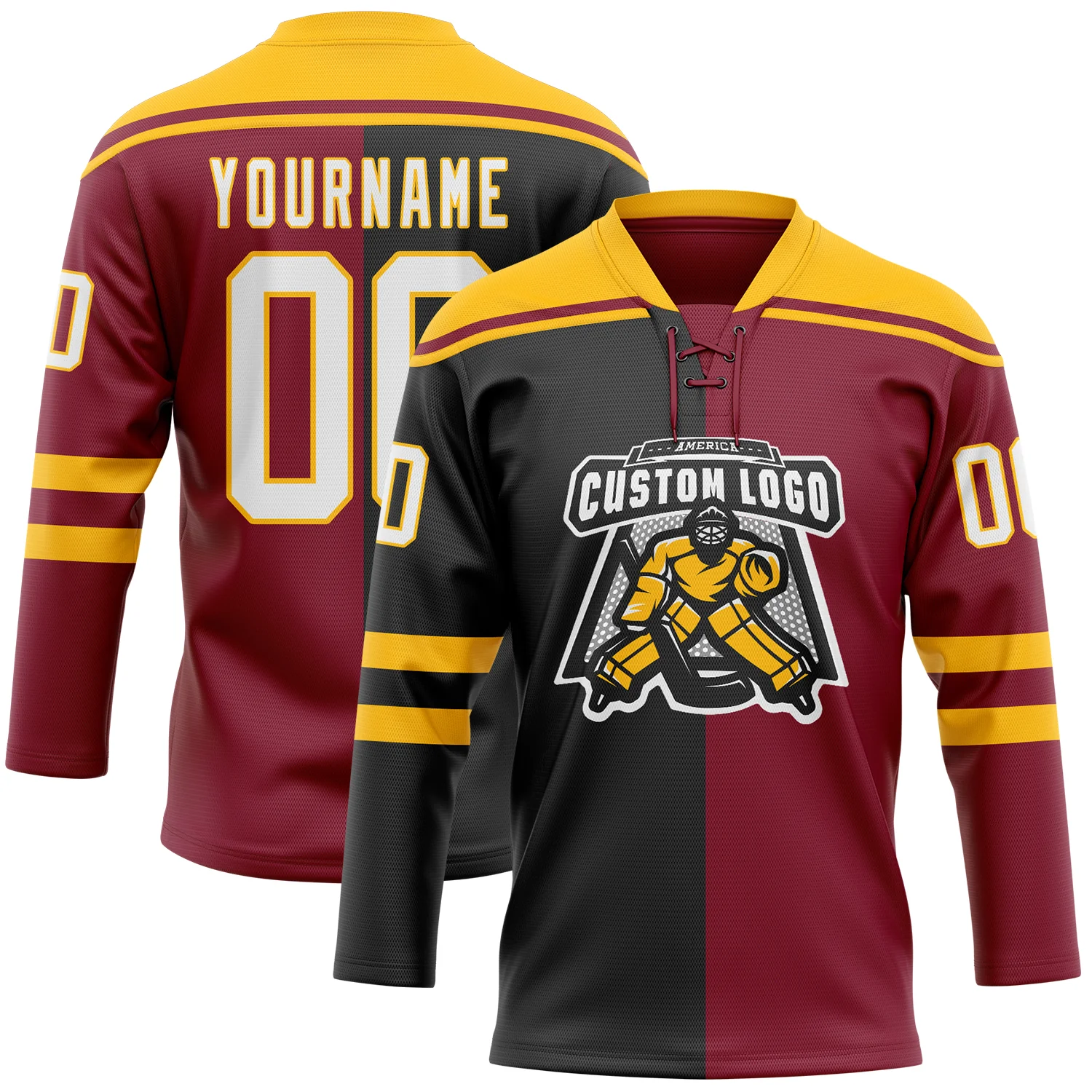 Custom Crimson White Black-Gold Split Fashion Hockey Lace Neck Jersey