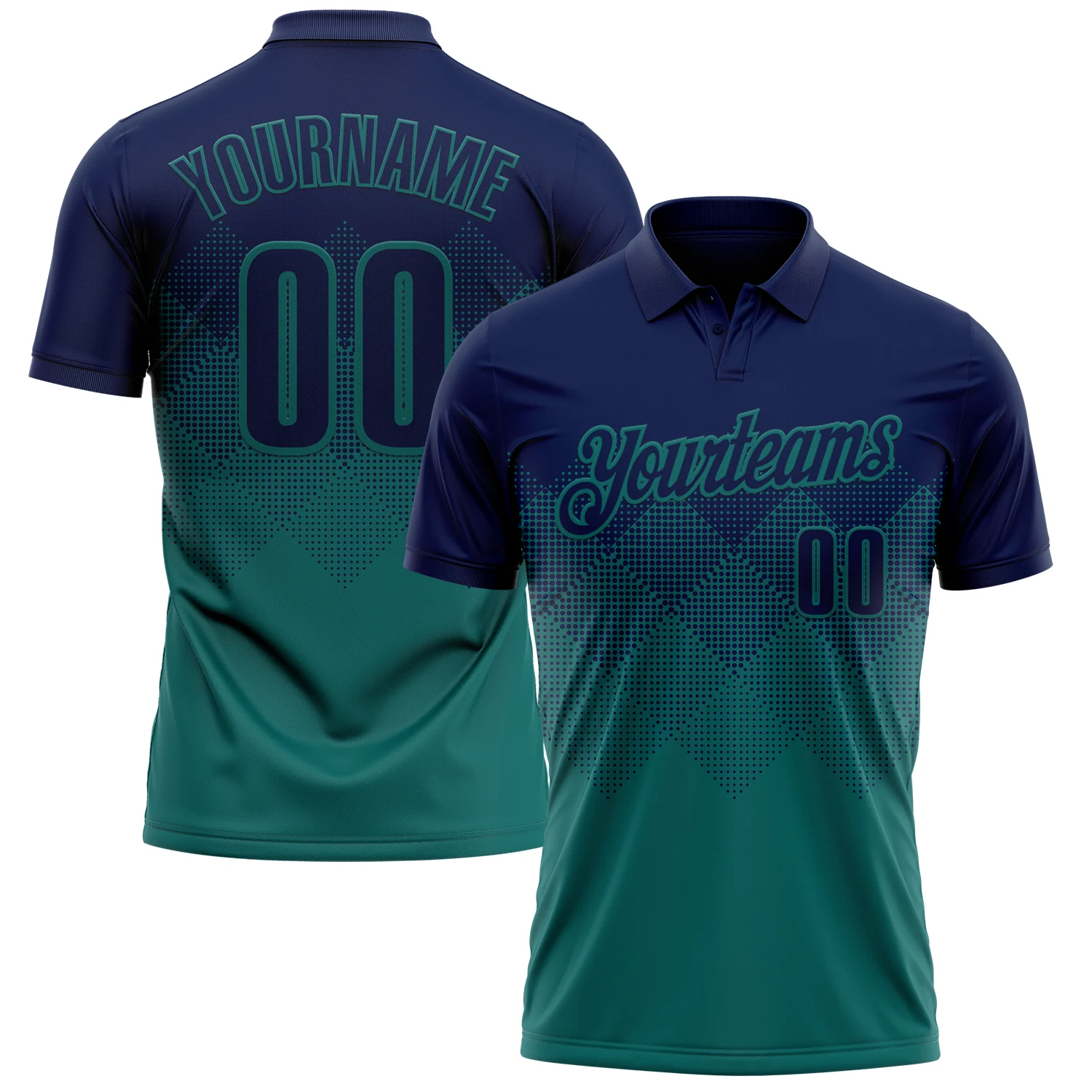 Custom Navy Teal 3D Gradient Square Shape Performance Polo Shirt