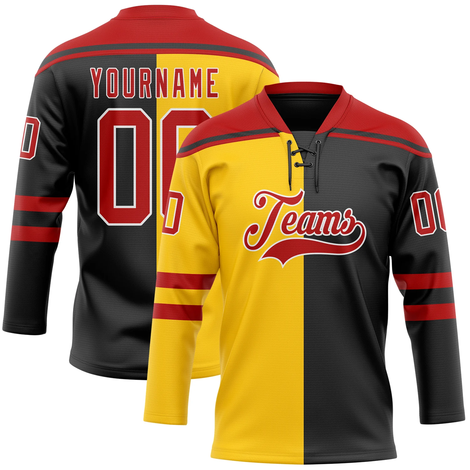 Custom Black Red Yellow-White Split Fashion Hockey Lace Neck Jersey