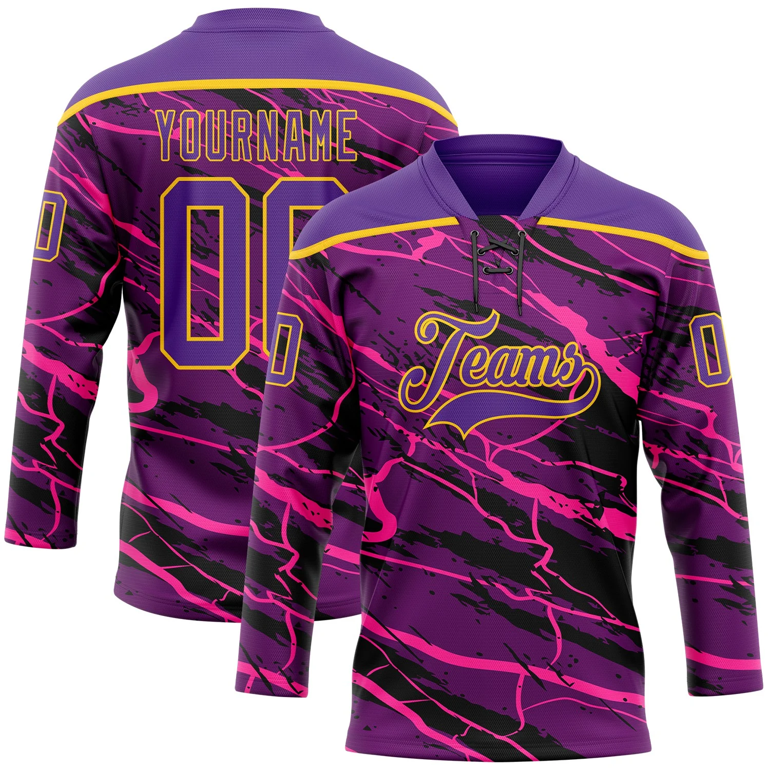 Custom Purple Black Pink-Yellow 3D Pattern Lightning Hockey Lace Neck Jersey
