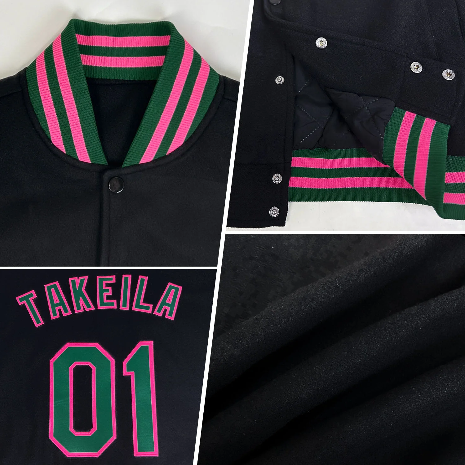 Custom Black Pink-Aqua Bomber Full-Snap Varsity Letterman Jacket
