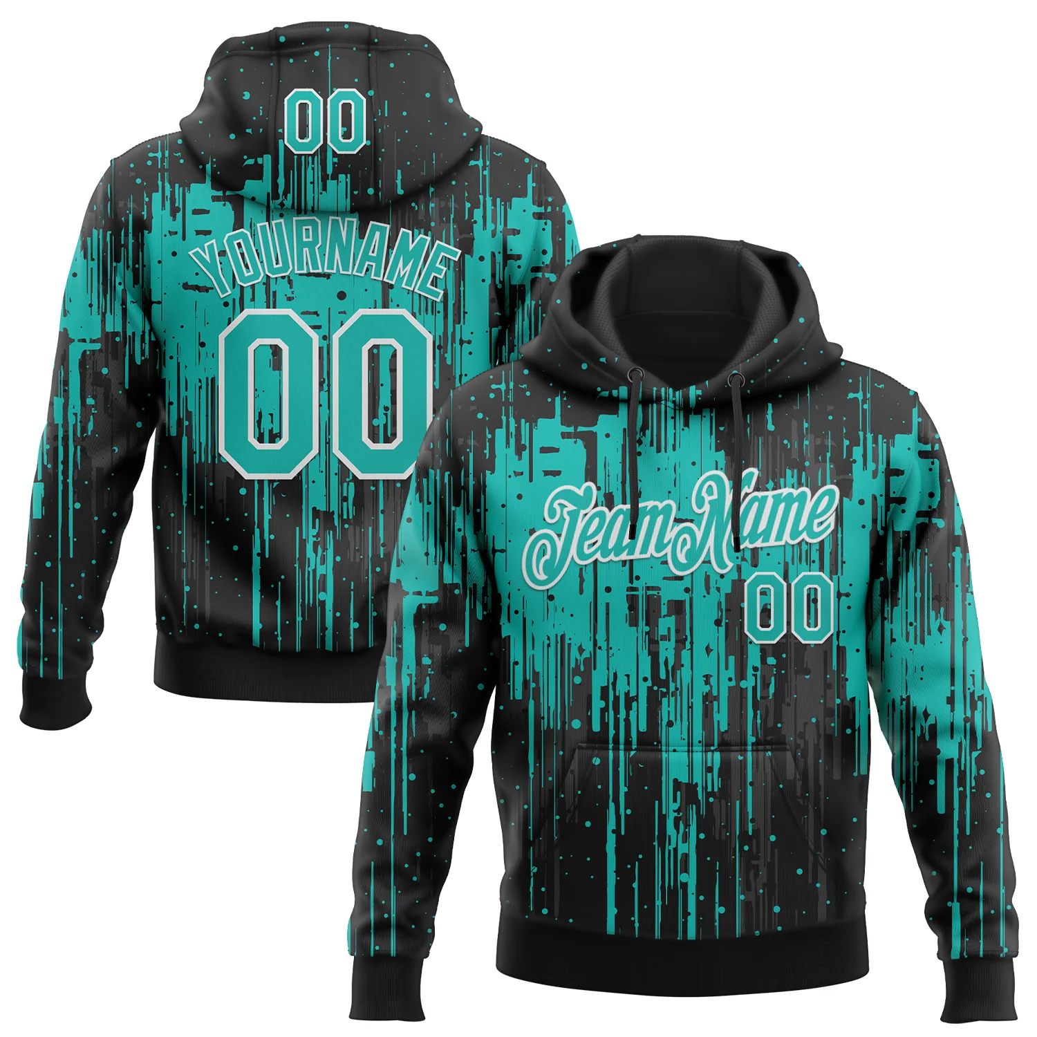 Custom Stitched Black Aqua-White 3D Pattern Design Dripping Splatter Sports Pullover Sweatshirt Hoodie