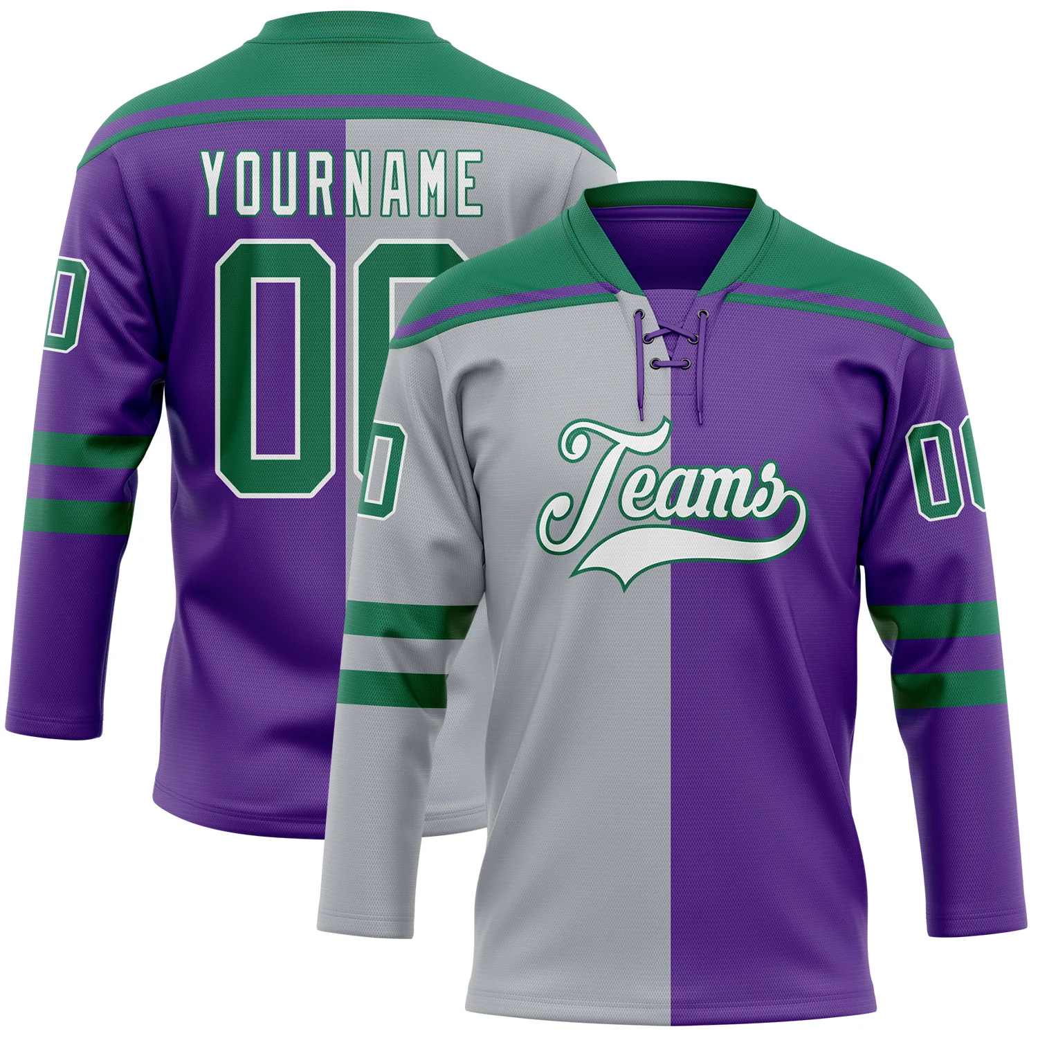 Custom Purple Kelly Green Gray-White Split Fashion Hockey Lace Neck Jersey