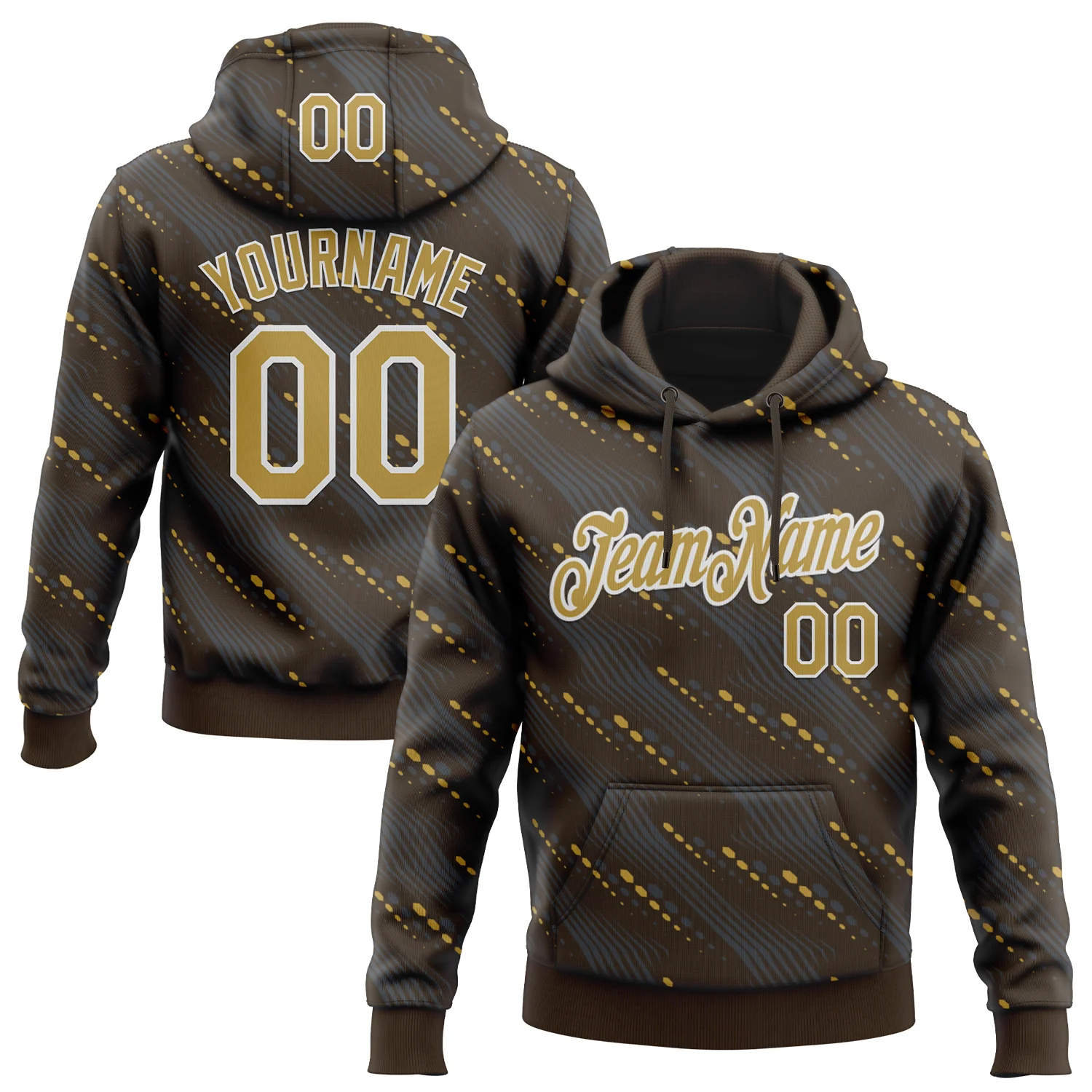 Custom Stitched Brown Old Gold-White 3D Pattern Design Slant Lines Sports Pullover Sweatshirt Hoodie