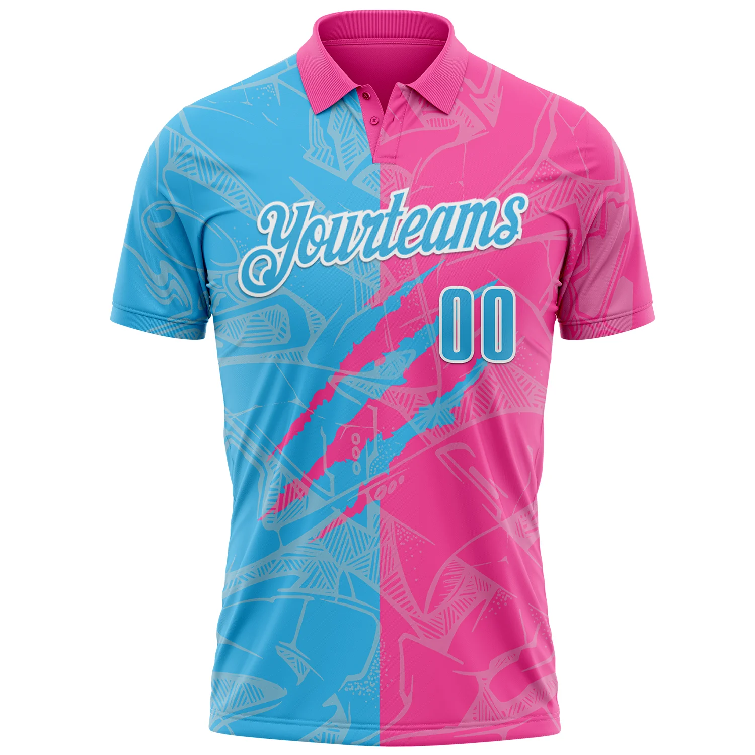 Custom Graffiti Pattern Sky Blue Pink-White 3D Scratch Performance Polo Shirt
