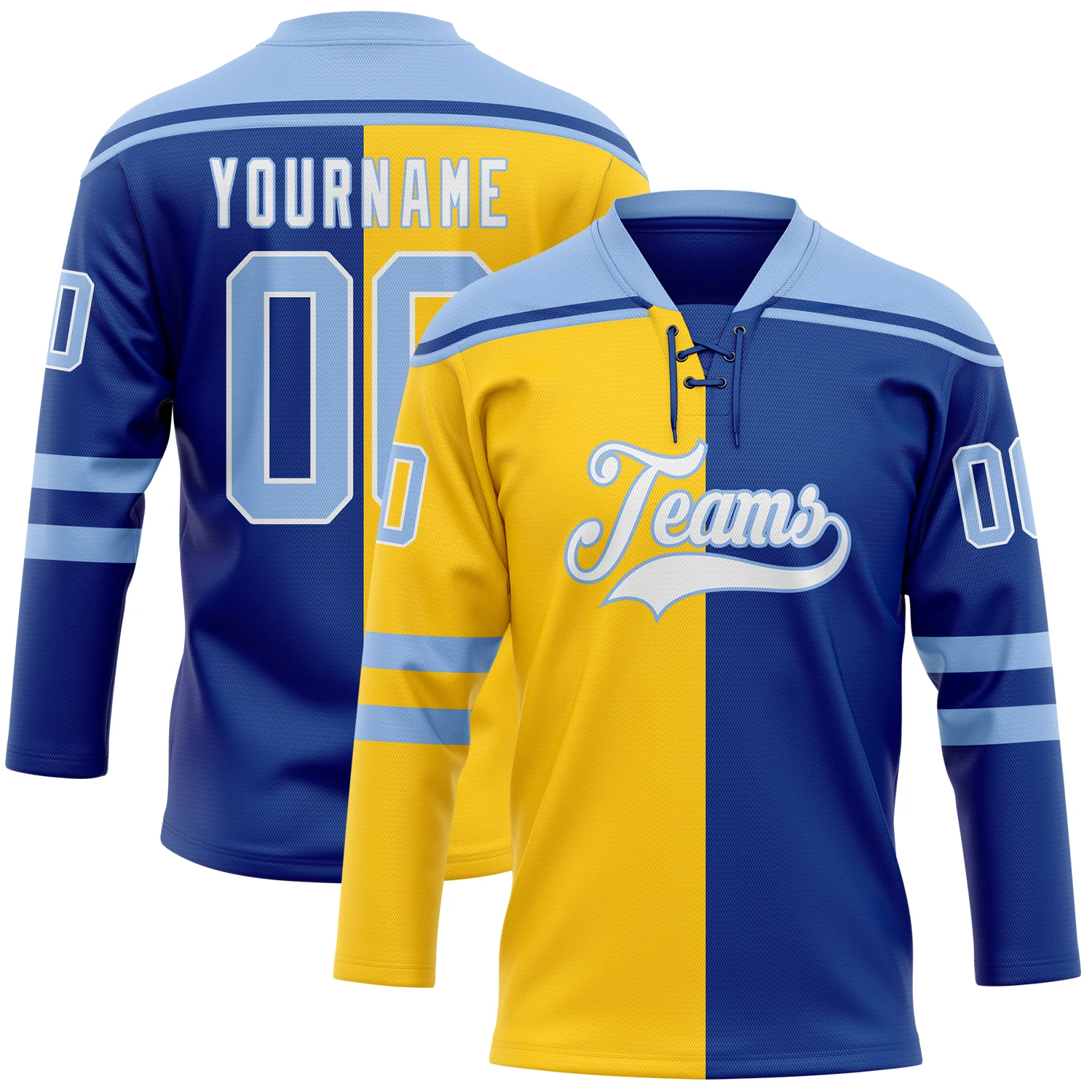 Custom Royal Light Blue Yellow-White Split Fashion Hockey Lace Neck Jersey