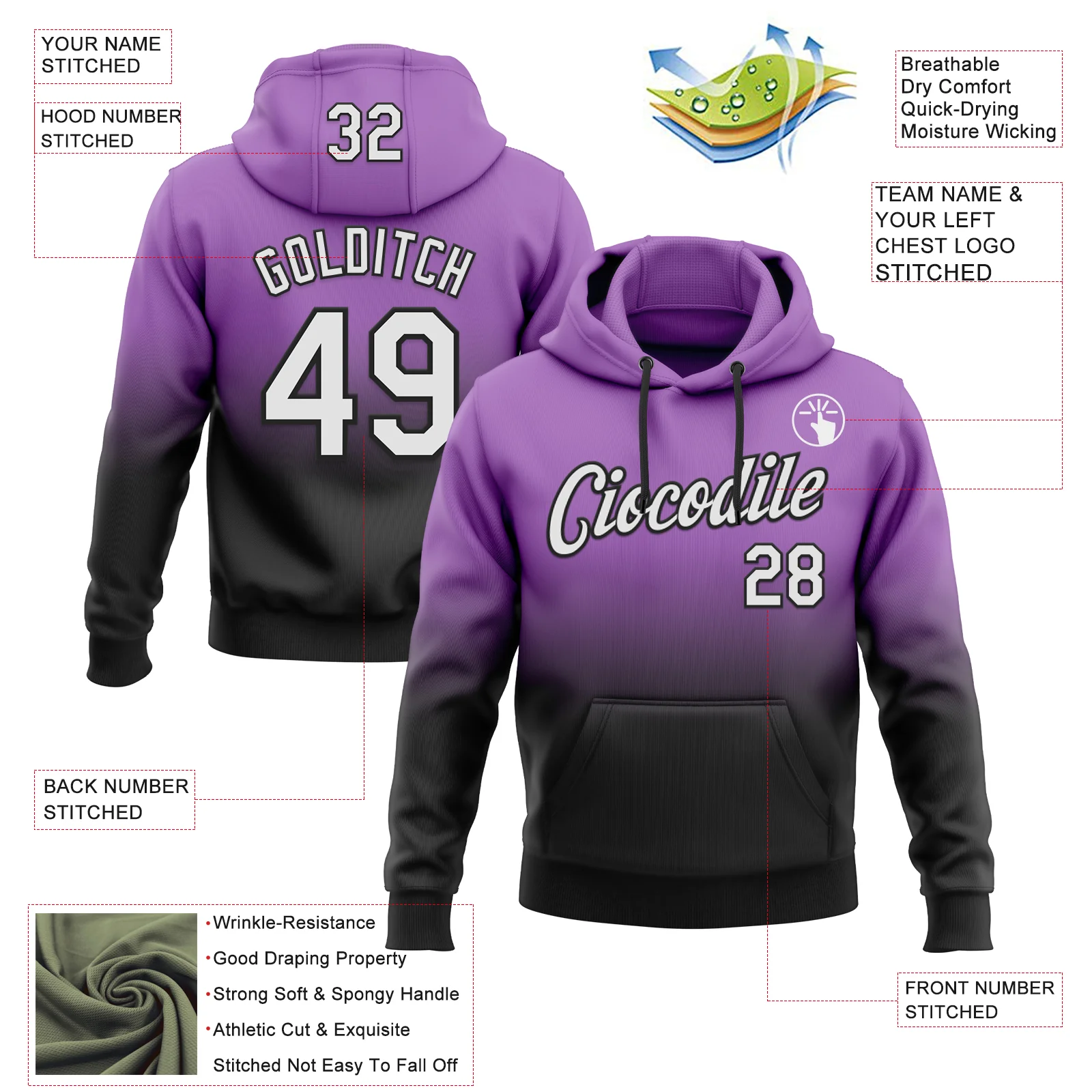 Custom Stitched Medium Purple White-Black Fade Fashion Sports Pullover Sweatshirt Hoodie