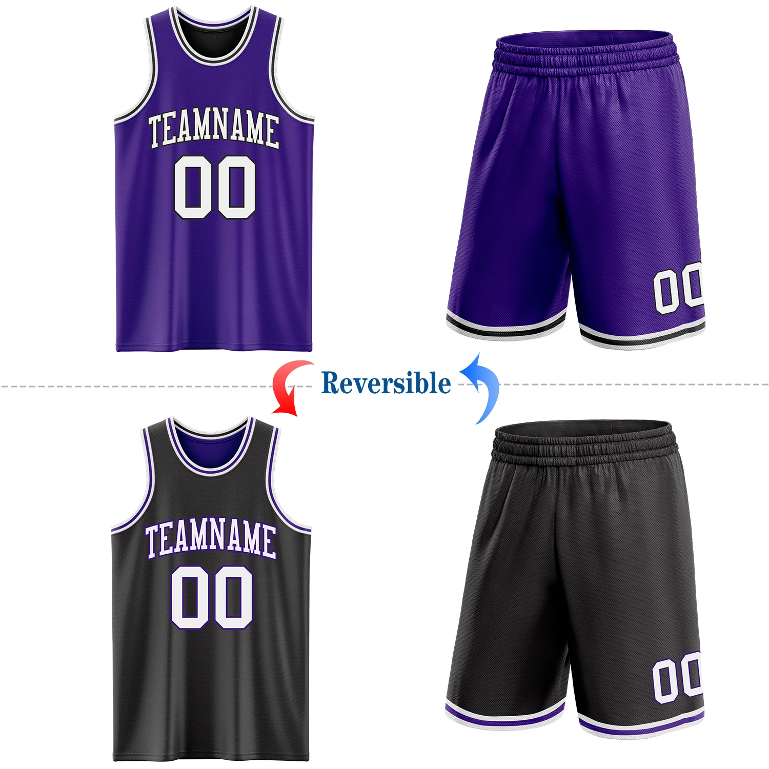 Custom Purple White-Black Reversible Double Side Sublimation Basketball Suit Jersey