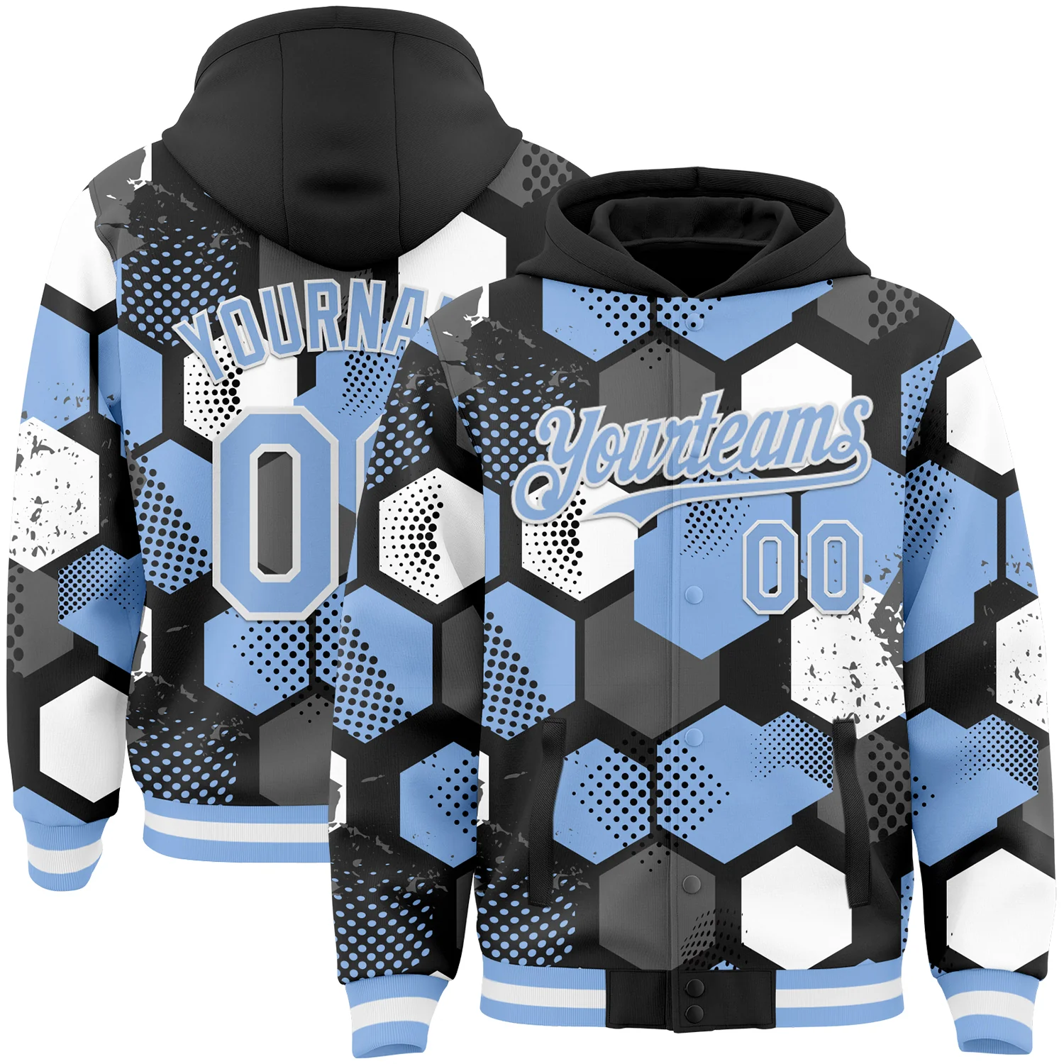 Custom Black Light Blue-White Geometric Shape 3D Pattern Design Bomber Full-Snap Varsity Letterman Hoodie Jacket