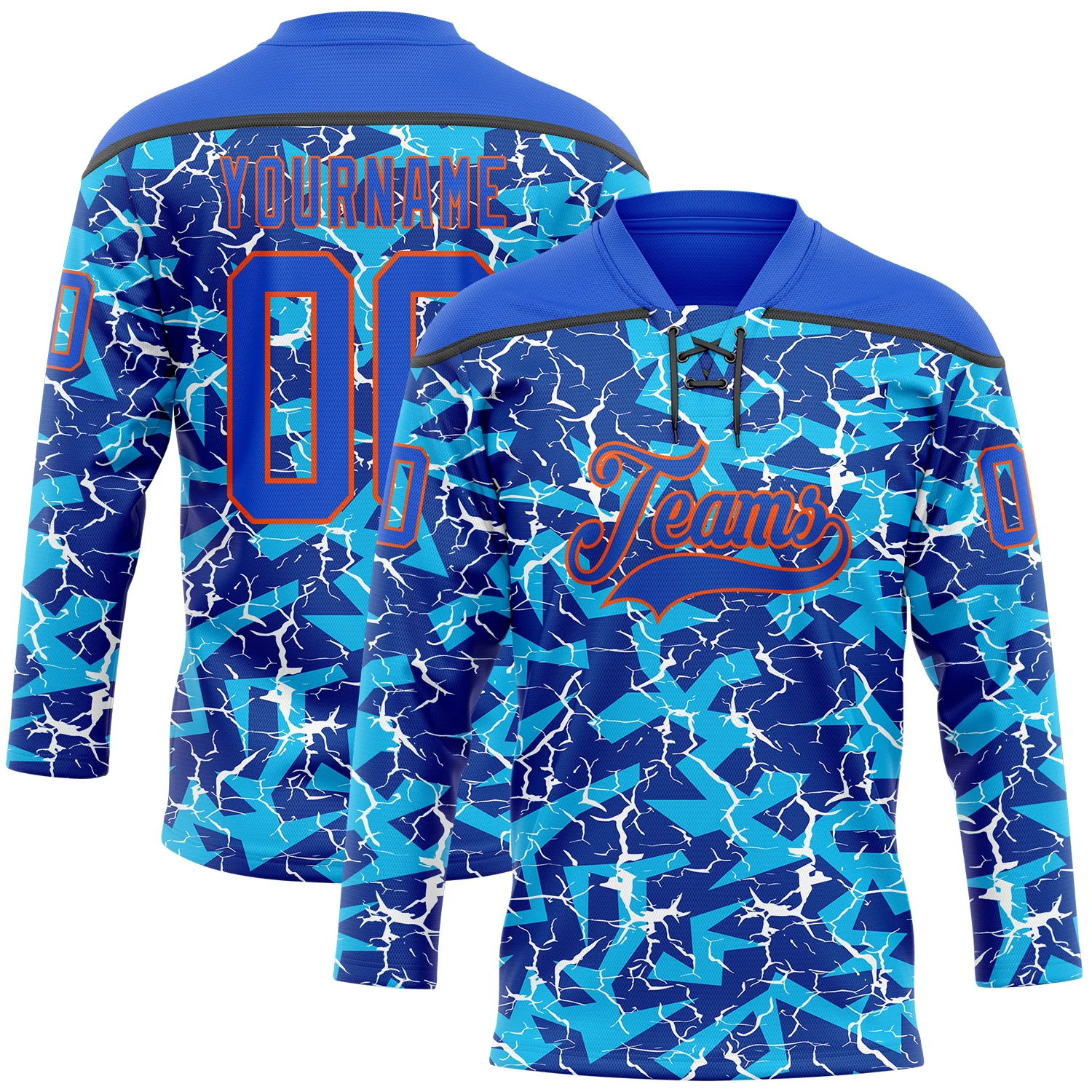Custom Thunder Blue Orange-Black 3D Pattern Lightning Hockey Lace Neck Jersey