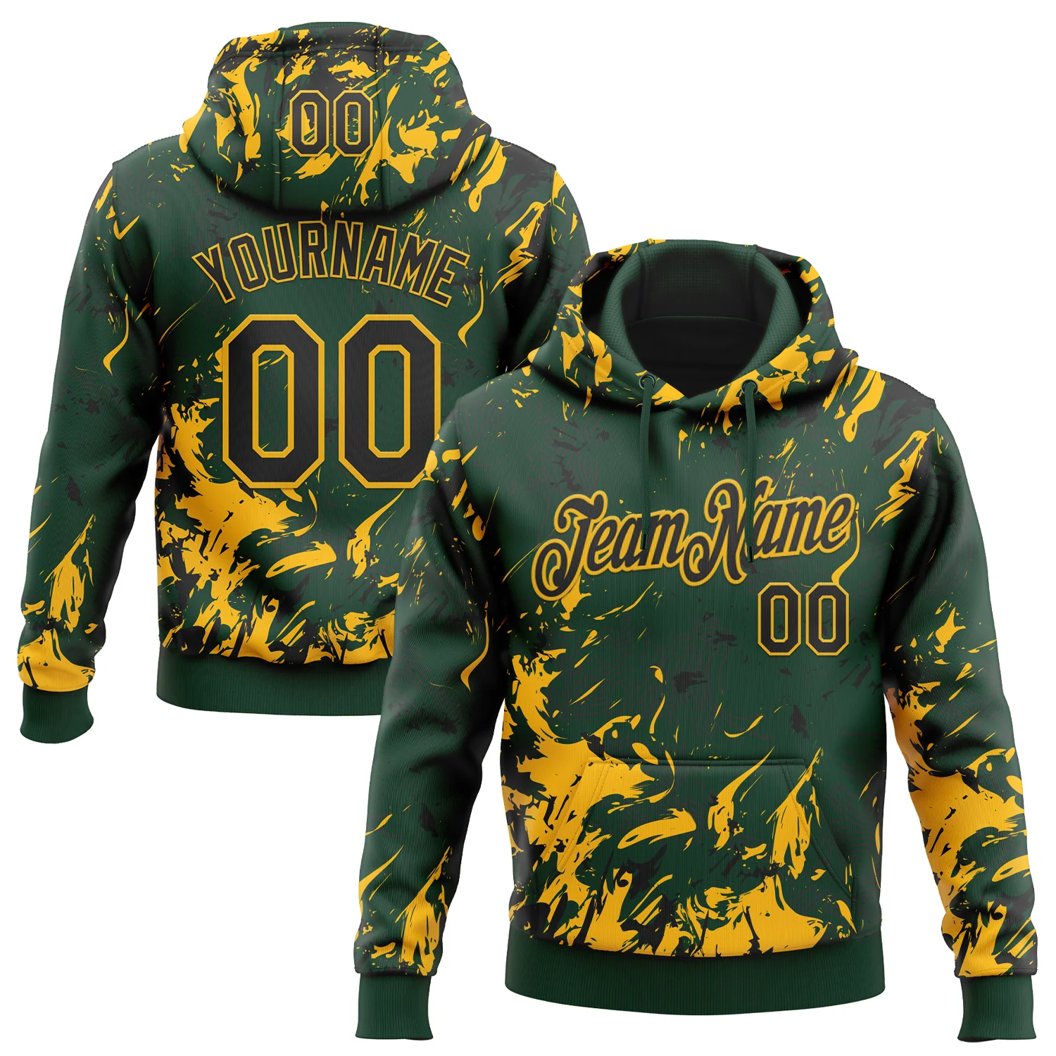 Custom Stitched Green Black-Gold 3D Pattern Design Splash Sports Pullover Sweatshirt Hoodie