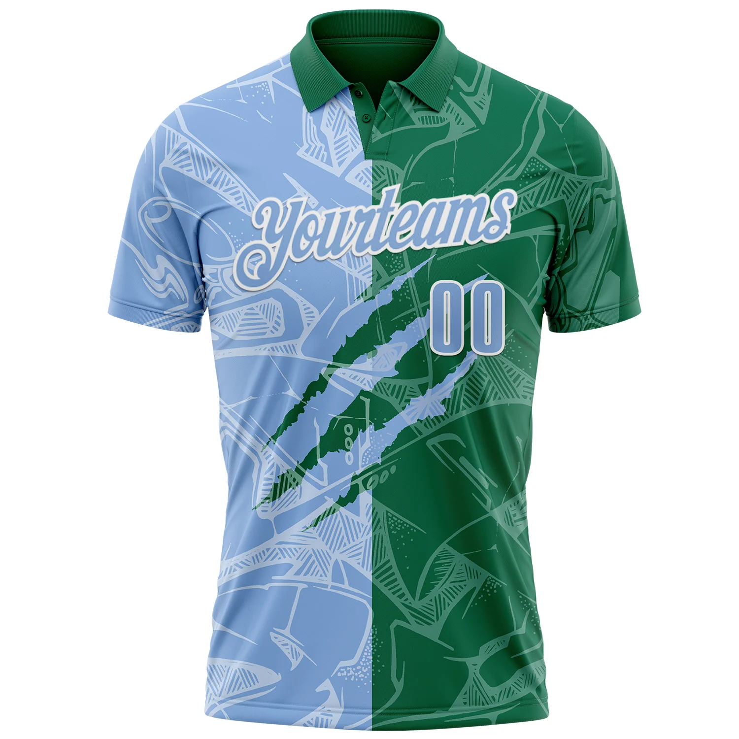 Custom Graffiti Pattern Light Blue Kelly Green-White 3D Scratch Performance Polo Shirt