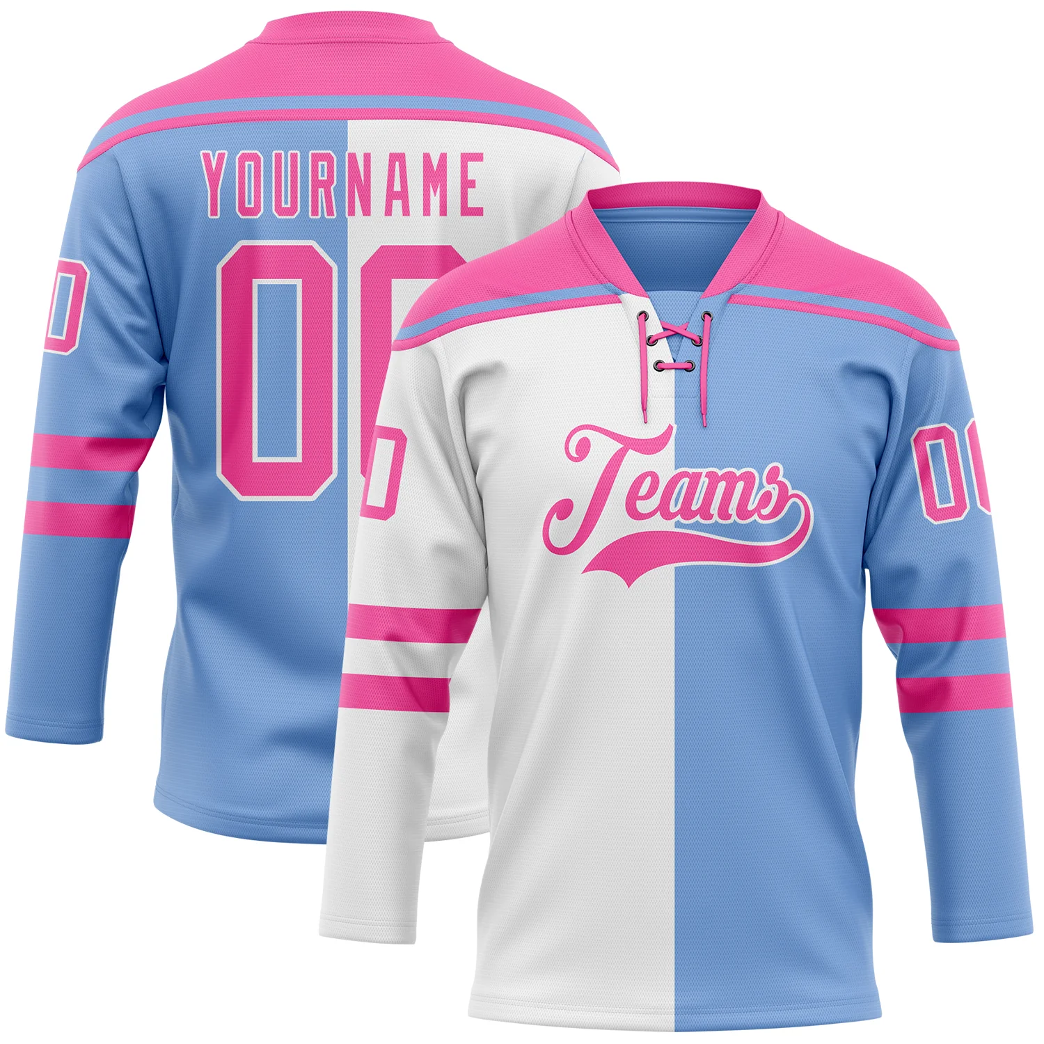 Custom Powder Blue Pink-White Split Fashion Hockey Lace Neck Jersey