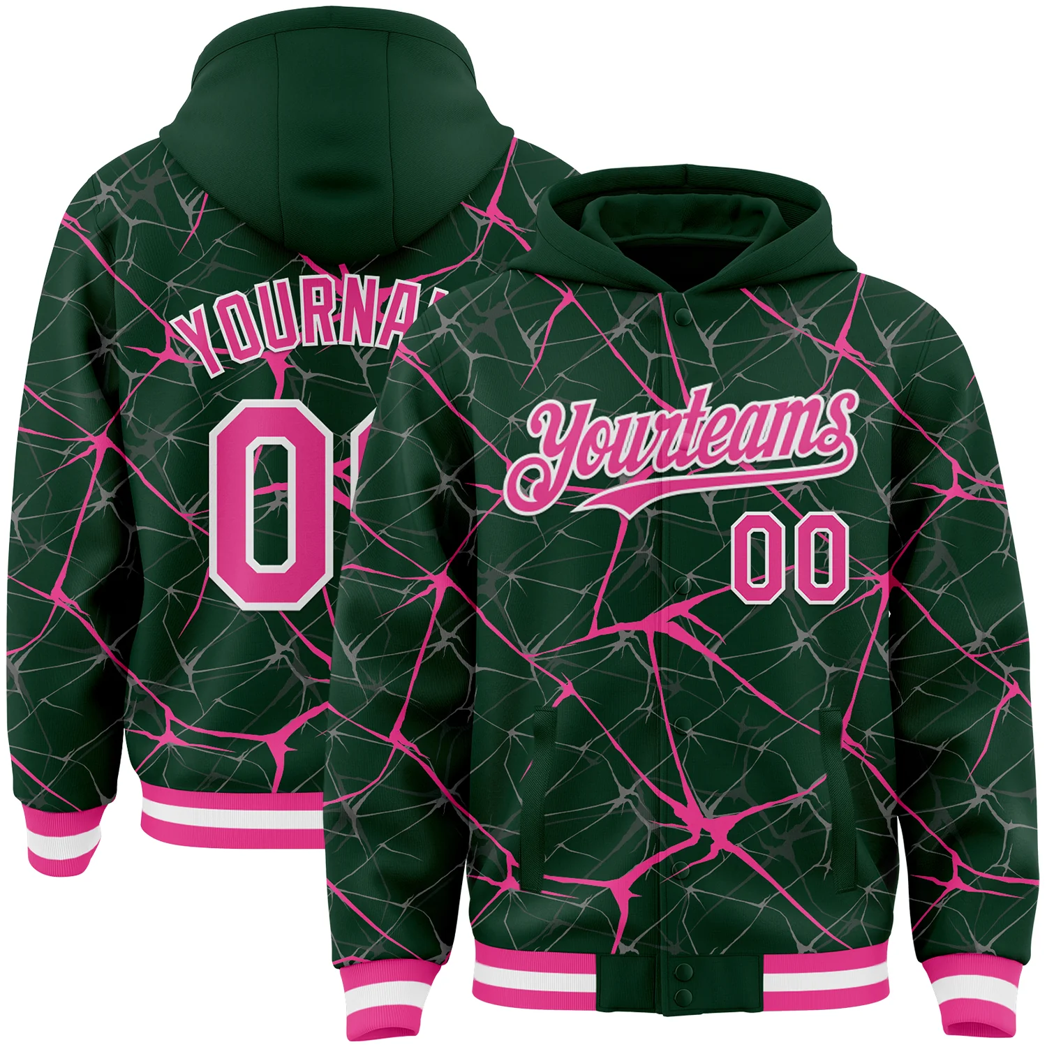Custom Green Pink-White Abstract Network 3D Pattern Design Bomber Full-Snap Varsity Letterman Hoodie Jacket