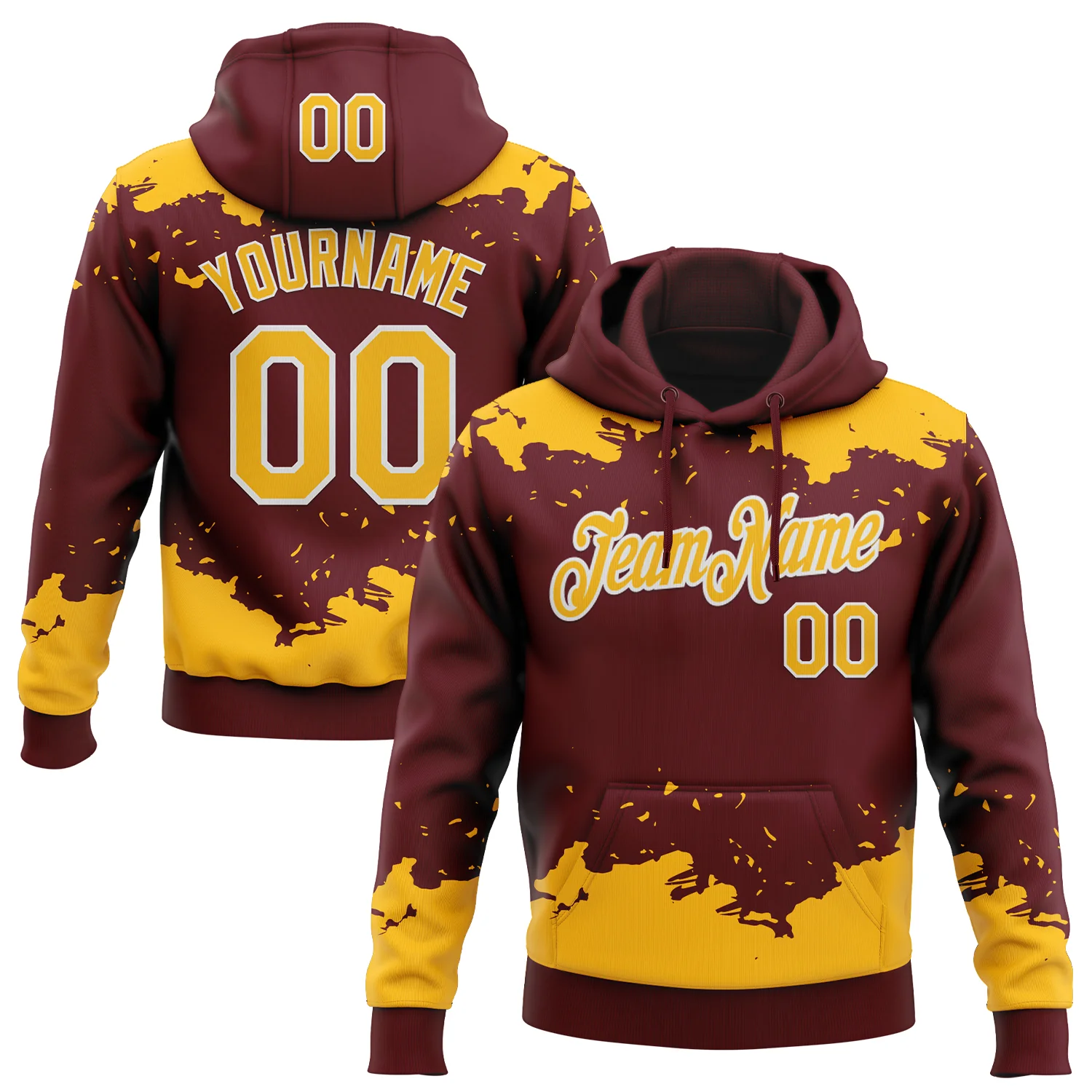 Custom Stitched Burgundy Gold-White 3D Pattern Design Fragment Sports Pullover Sweatshirt Hoodie