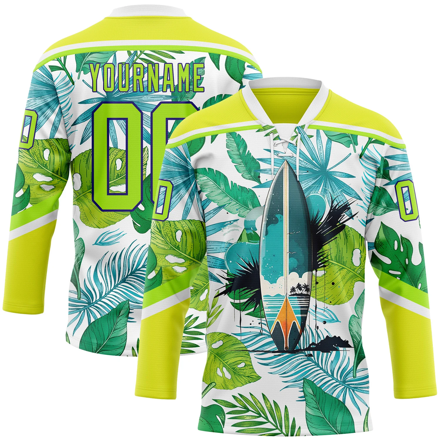 Custom Neon Yellow Neon Green Dark Purple-White 3D Pattern Hawaii Tropical Palm Trees Hockey Lace Neck Jersey