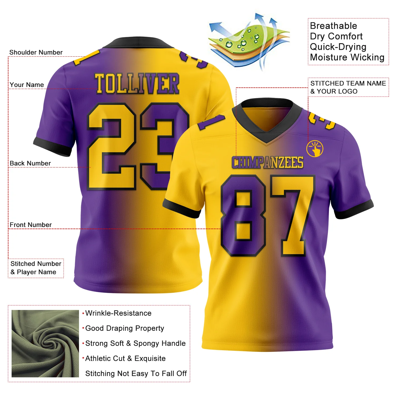Custom Purple Yellow-Black Authentic Gradient Fashion Football Jersey