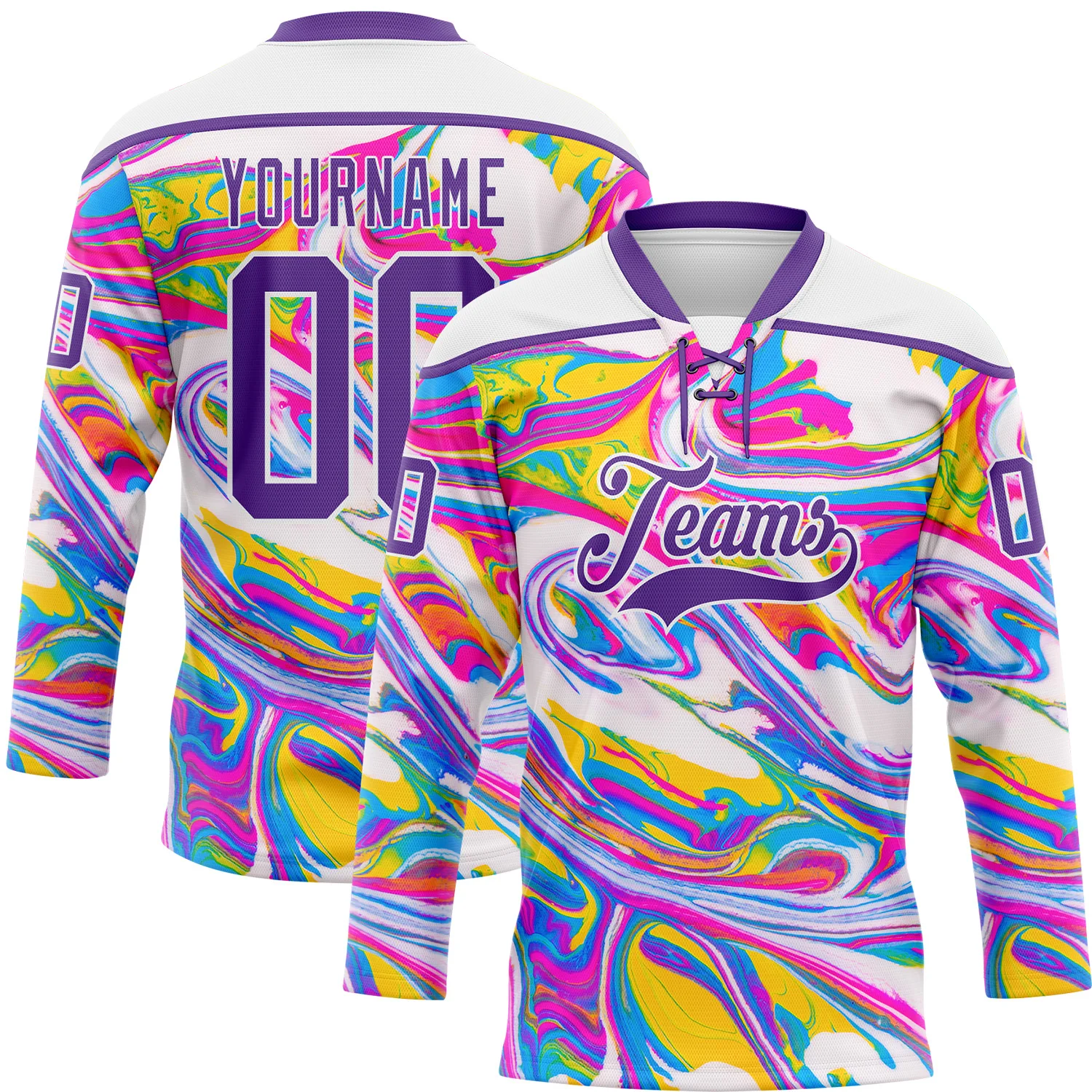 Custom White Purple Yellow Pink-Blue 3D Pattern Trippy Psychedelic Fluid Hockey Lace Neck Jersey